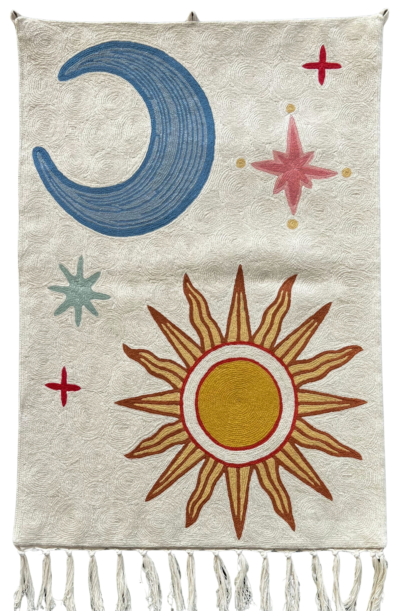 Handmade folk art Celestial Sphere (Sun & Moon) crewel wall hanging tapestry | Aru | PREORDER - Moppet