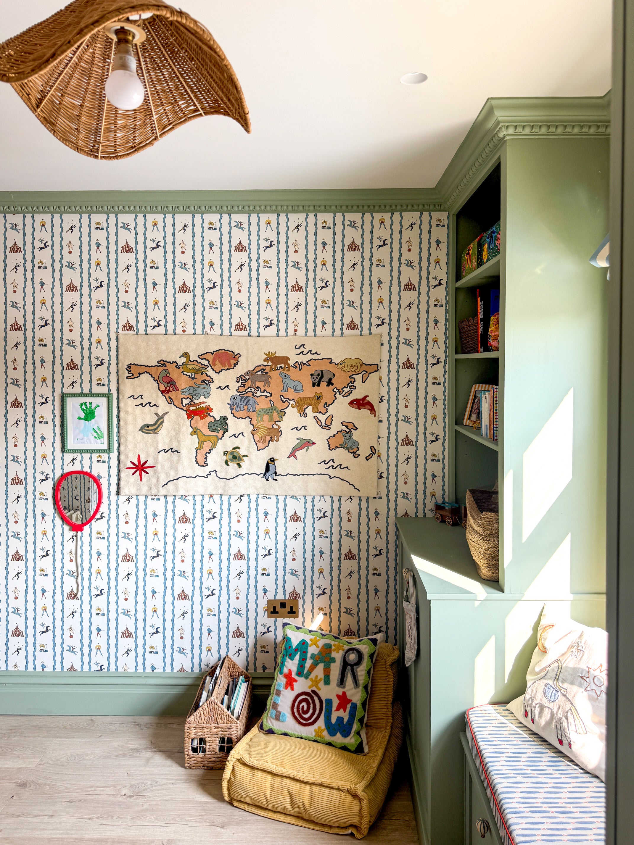 Handmade folk art World Map crewel kids’ wall hanging tapestry | Sumbal - Moppet