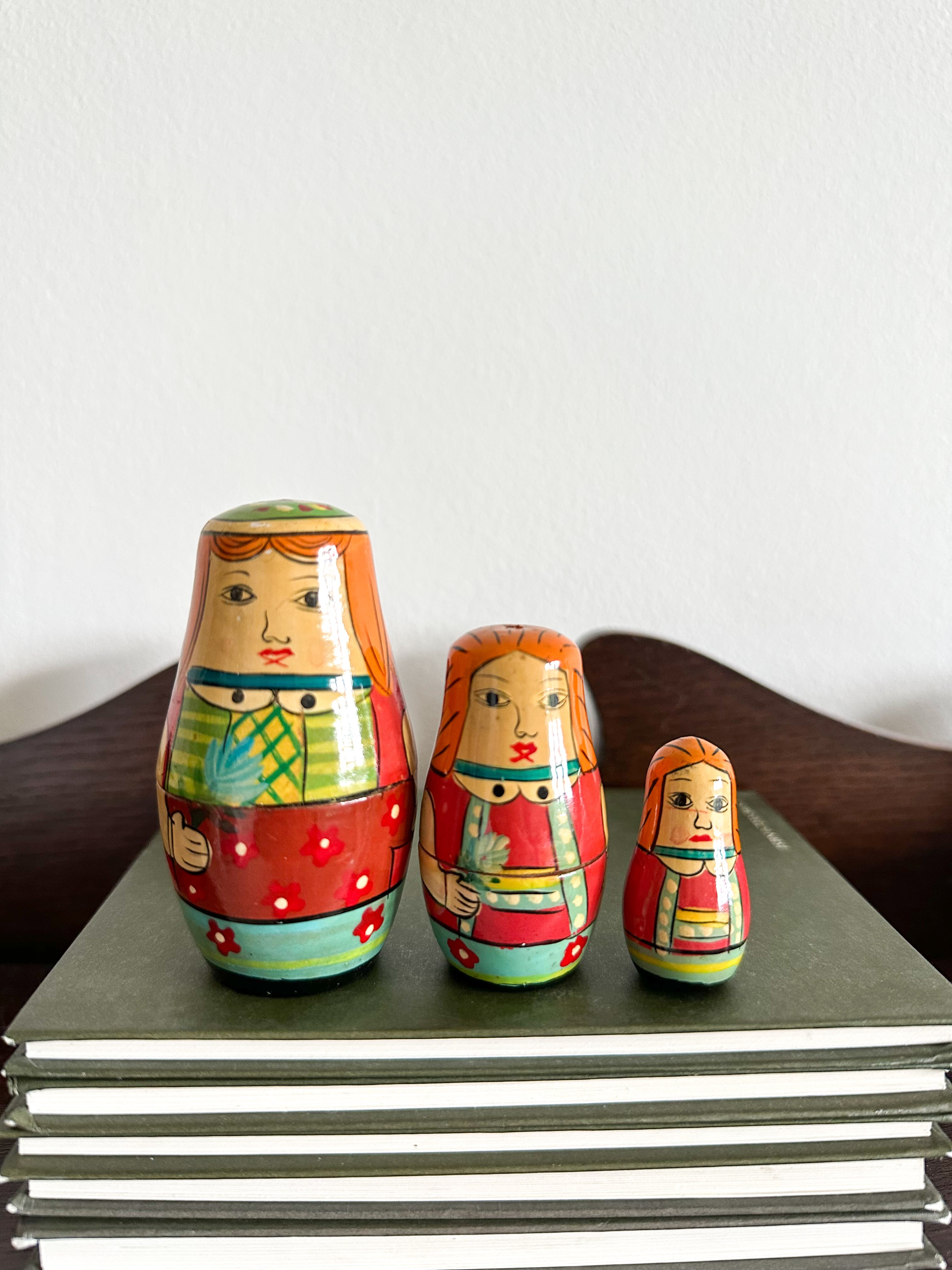 Vintage unusual red-head family of nesting wooden Russian dolls - Moppet
