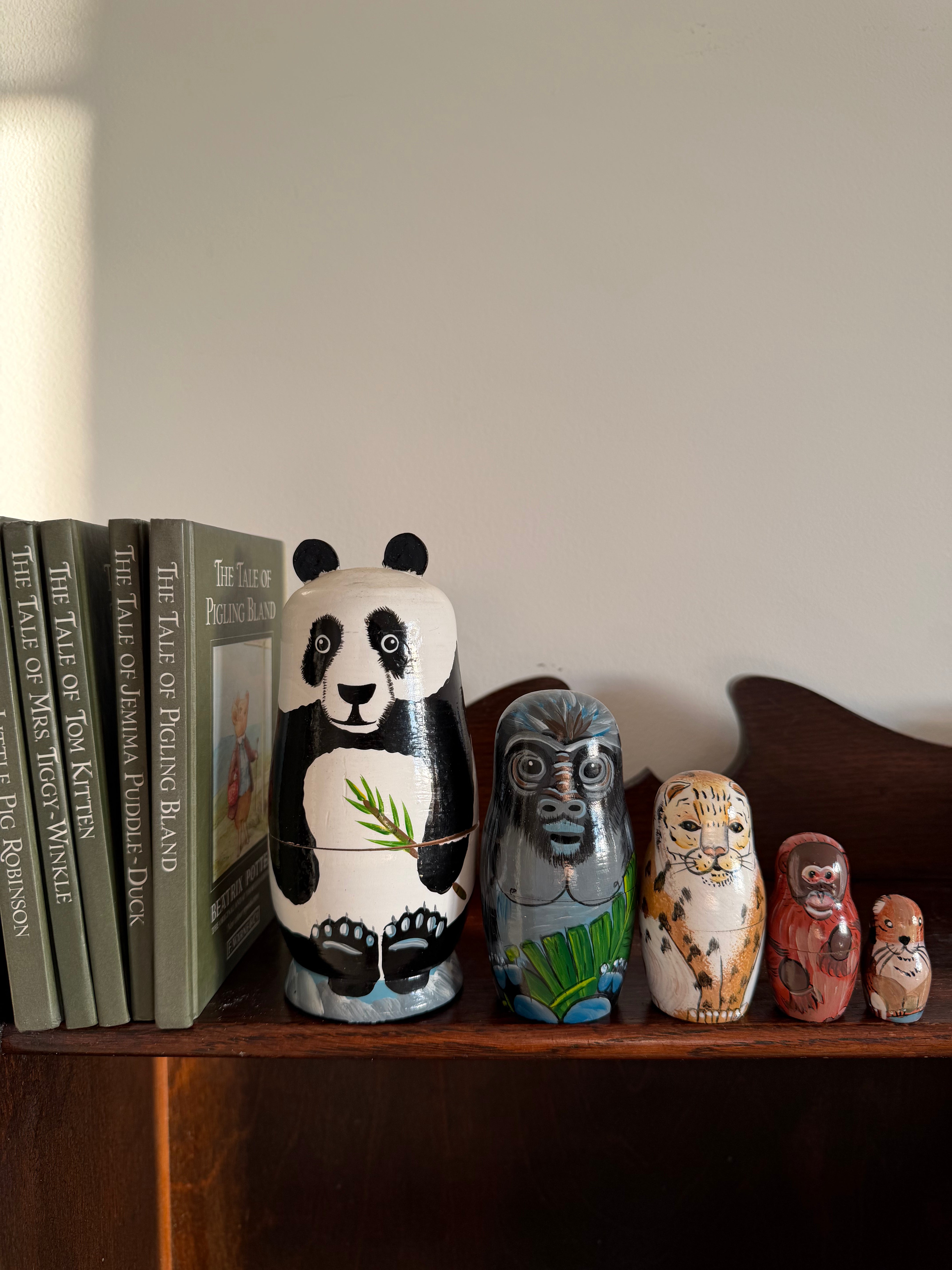 Vintage wooden nesting animal ‘Russian’ dolls: panda, gorilla, jaguar/leopard, orangutan, beaver