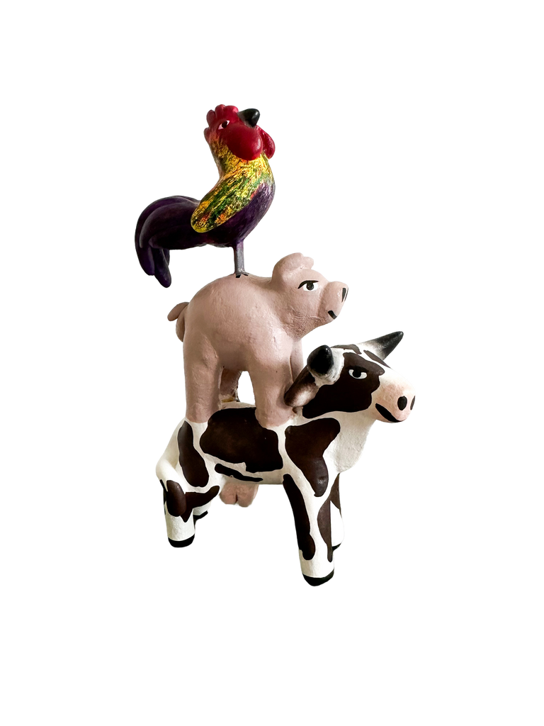 'Mexican menagerie' ceramic sculpture | Farmyard  (cow, pig, cockrel/rooster) - Moppet