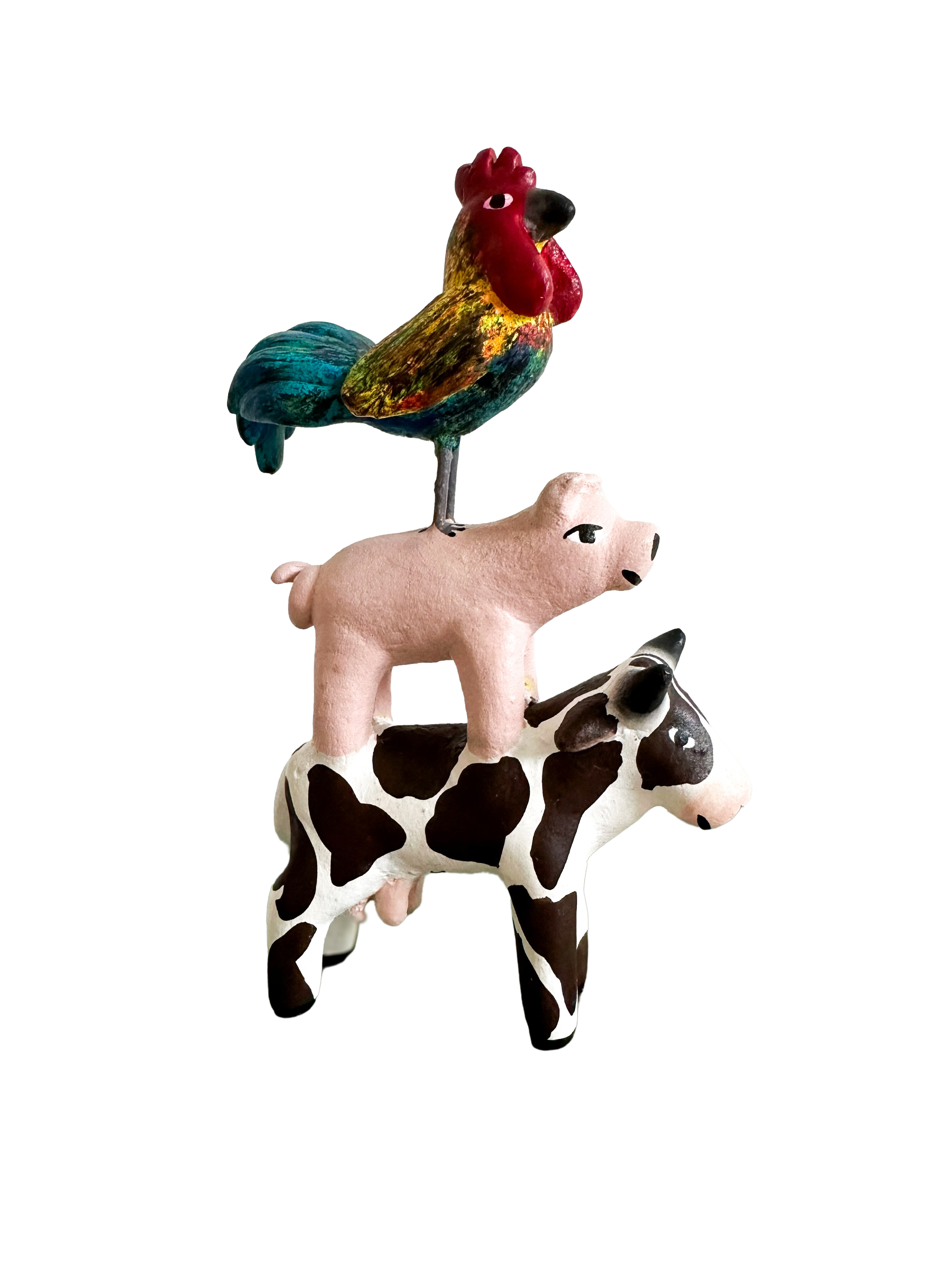 'Mexican menagerie' ceramic sculpture | Farmyard (cow, pig, cockrel/rooster) - Moppet