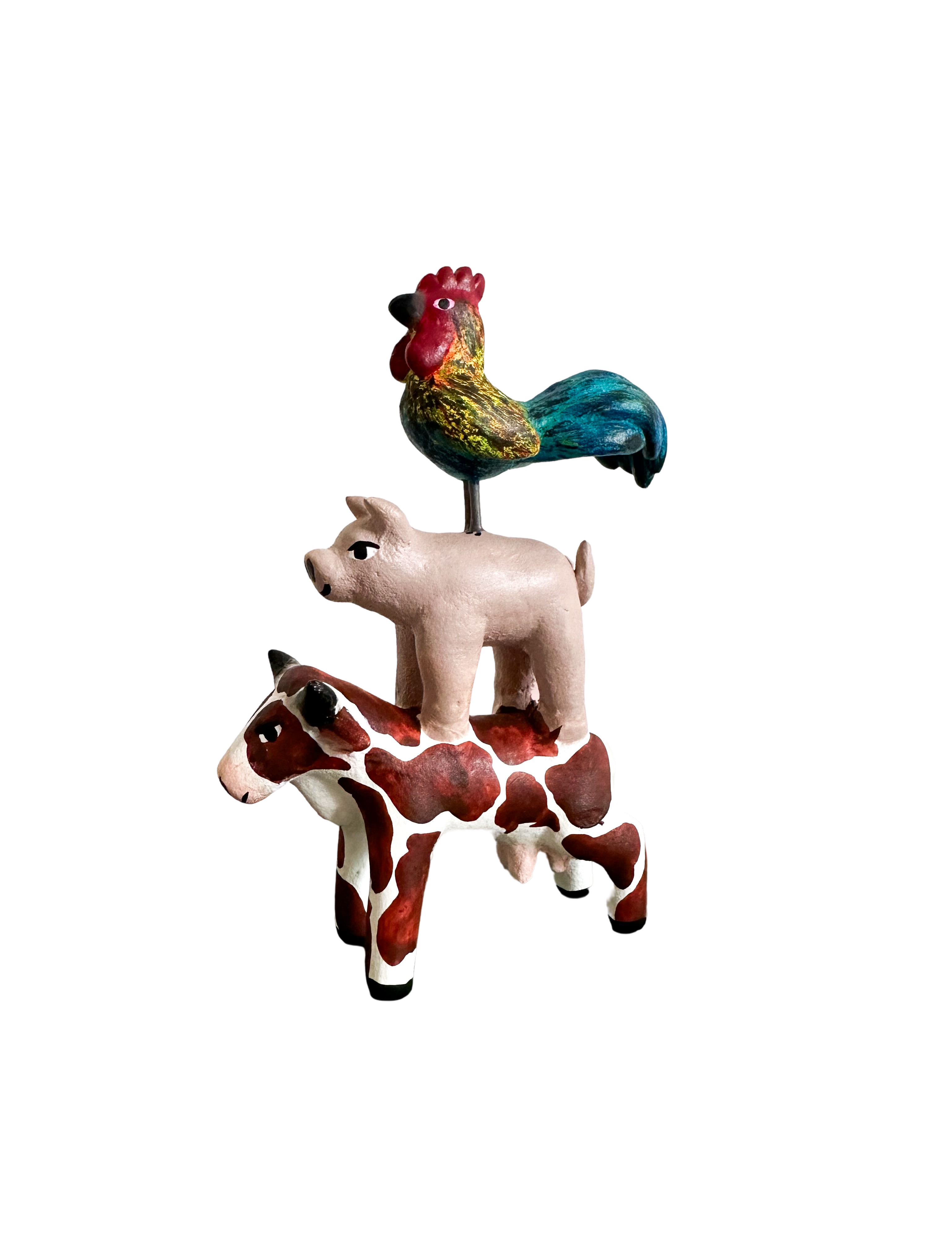 'Mexican menagerie' ceramic sculpture | Farmyard (cow, pig, cockrel/rooster) - Moppet
