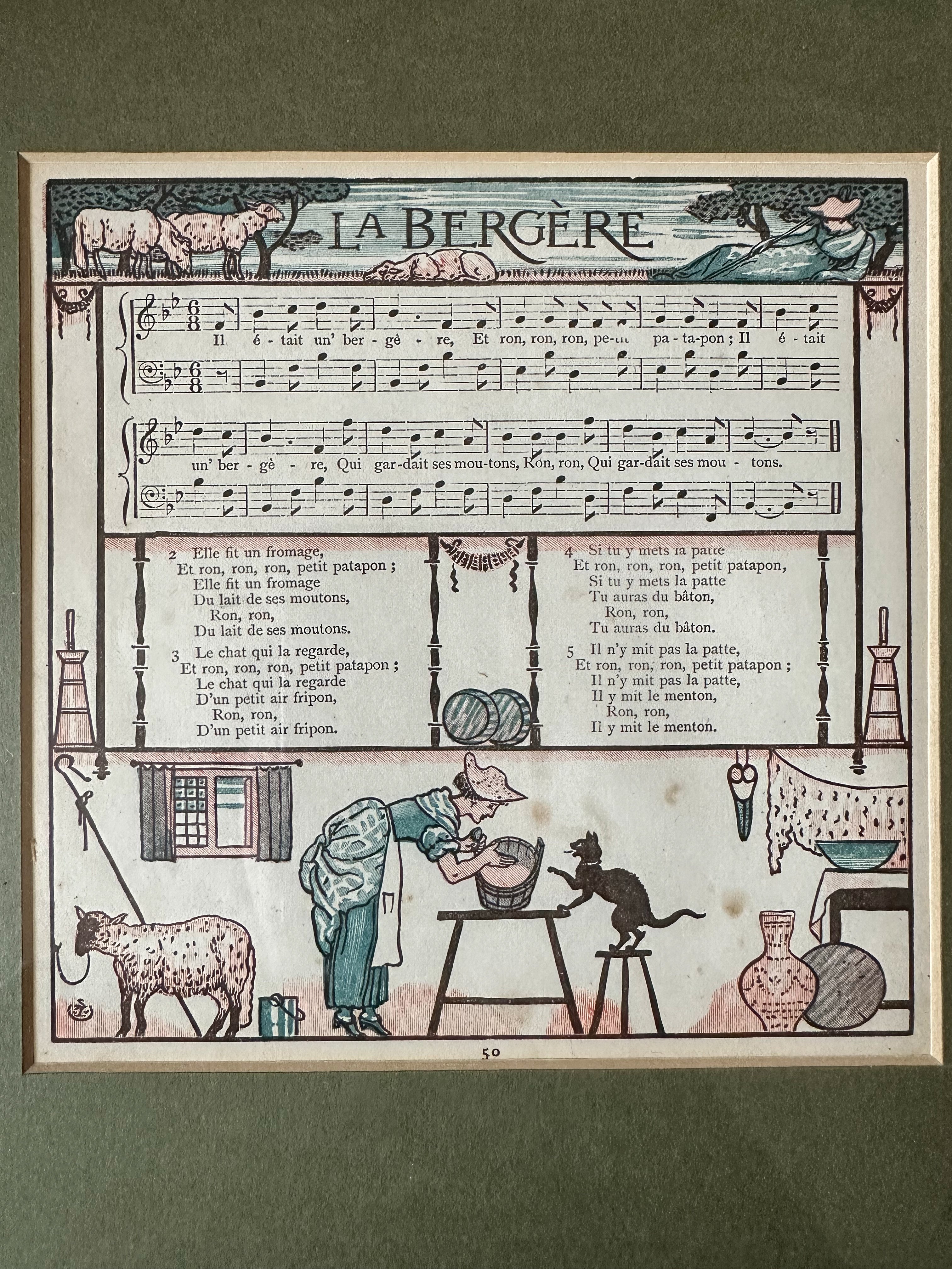 Vintage French framed print of children's song 'La Bergère' ('The Shepherdess'), with green mount - Moppet