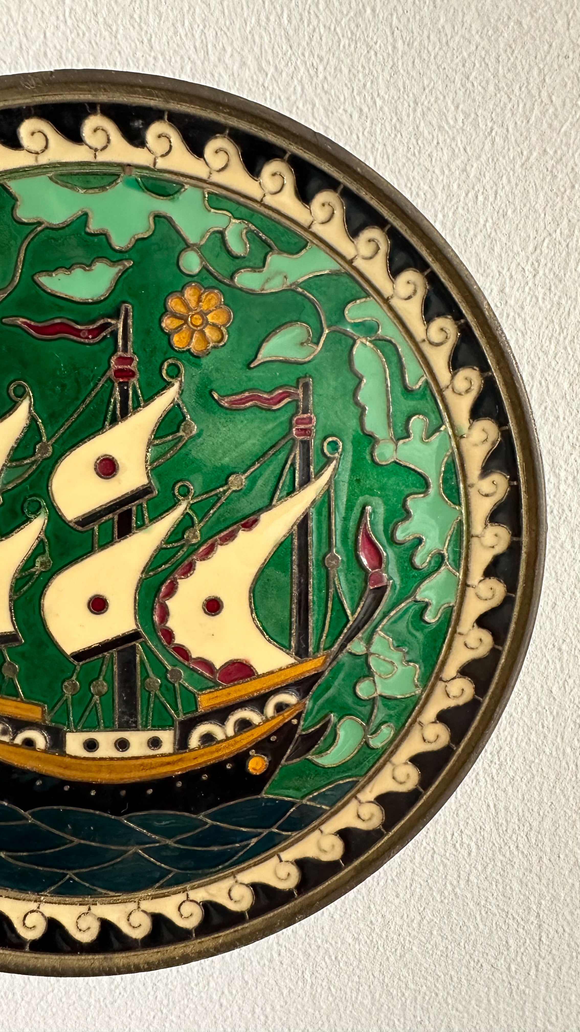 Vintage Greek brass enamelled plate featuring a ship - Moppet