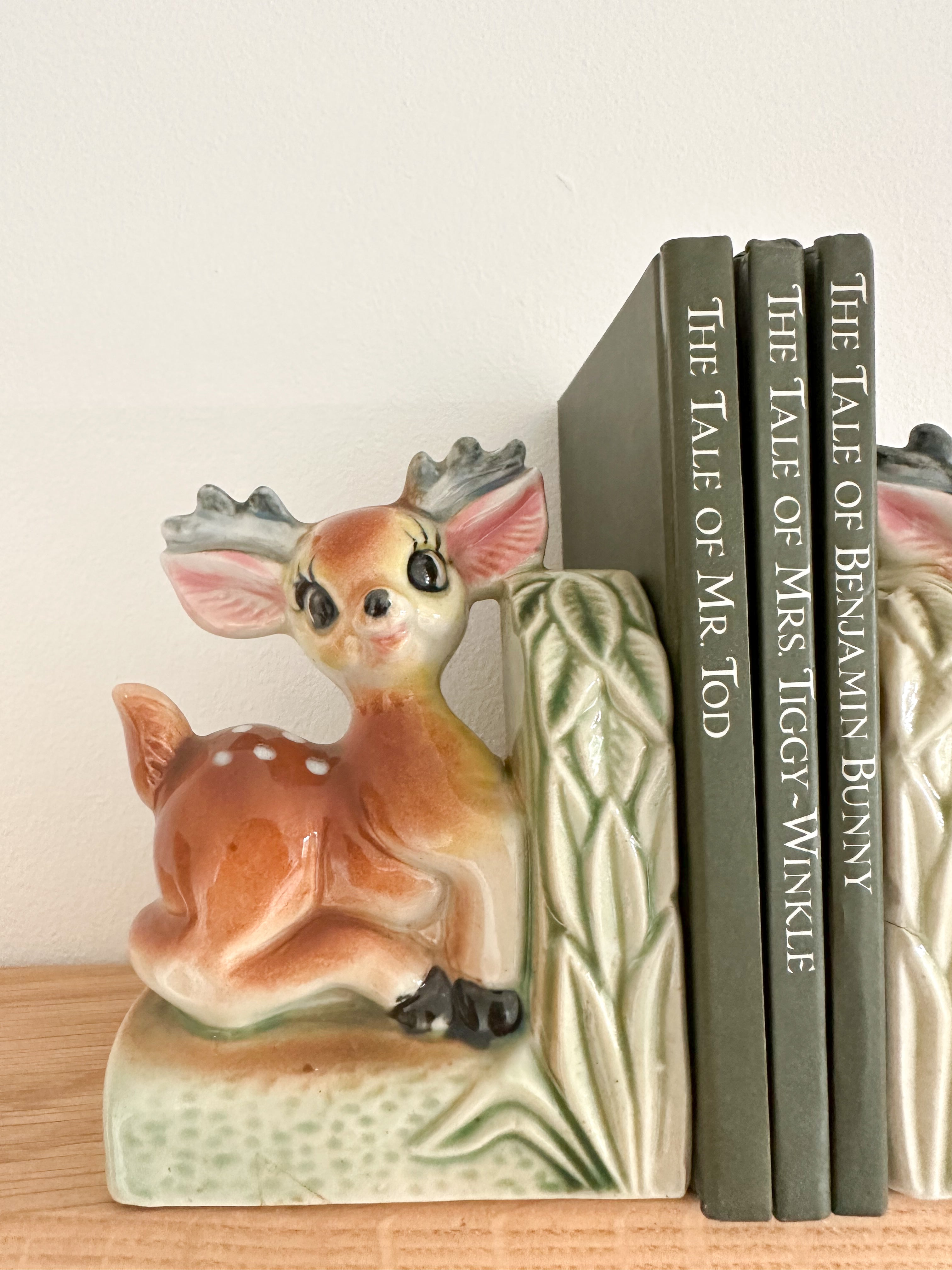 Pair of vintage 1950s ceramic china fawn/deer/Bambi bookends - Moppet