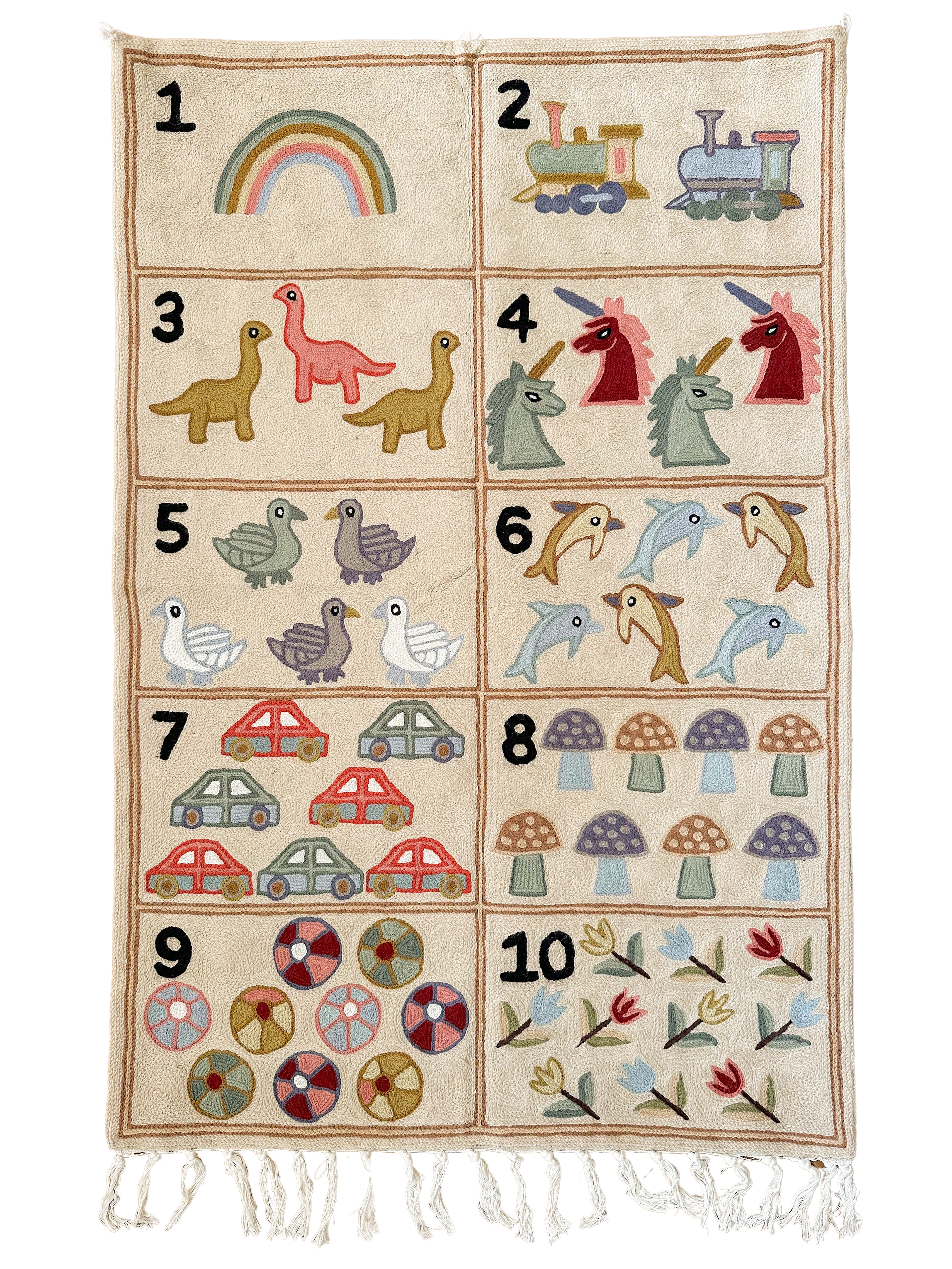 Handmade numbers 123 crewel wall hanging tapestry (feat. dinosaurs, unicorns, flowers, cars, trains and rainbows) | Suru - Moppet