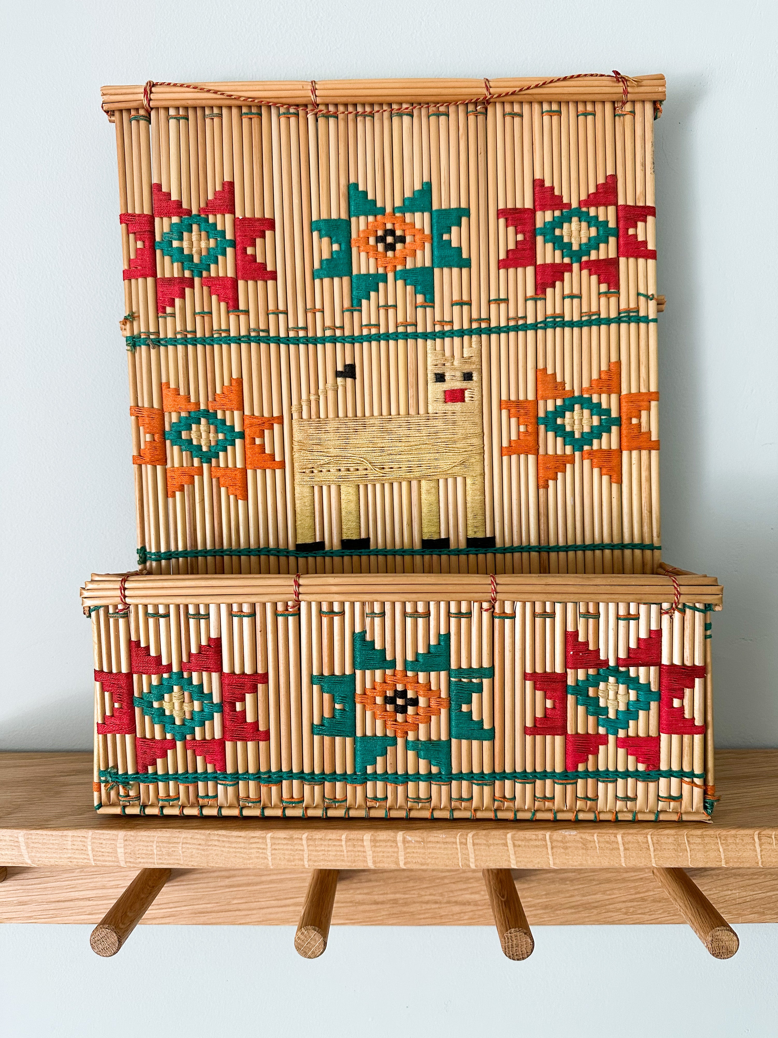 Vintage folk art bamboo letter rack/basket or desk tidy, feat. lion and stars motif, wall mounted or free standing - Moppet