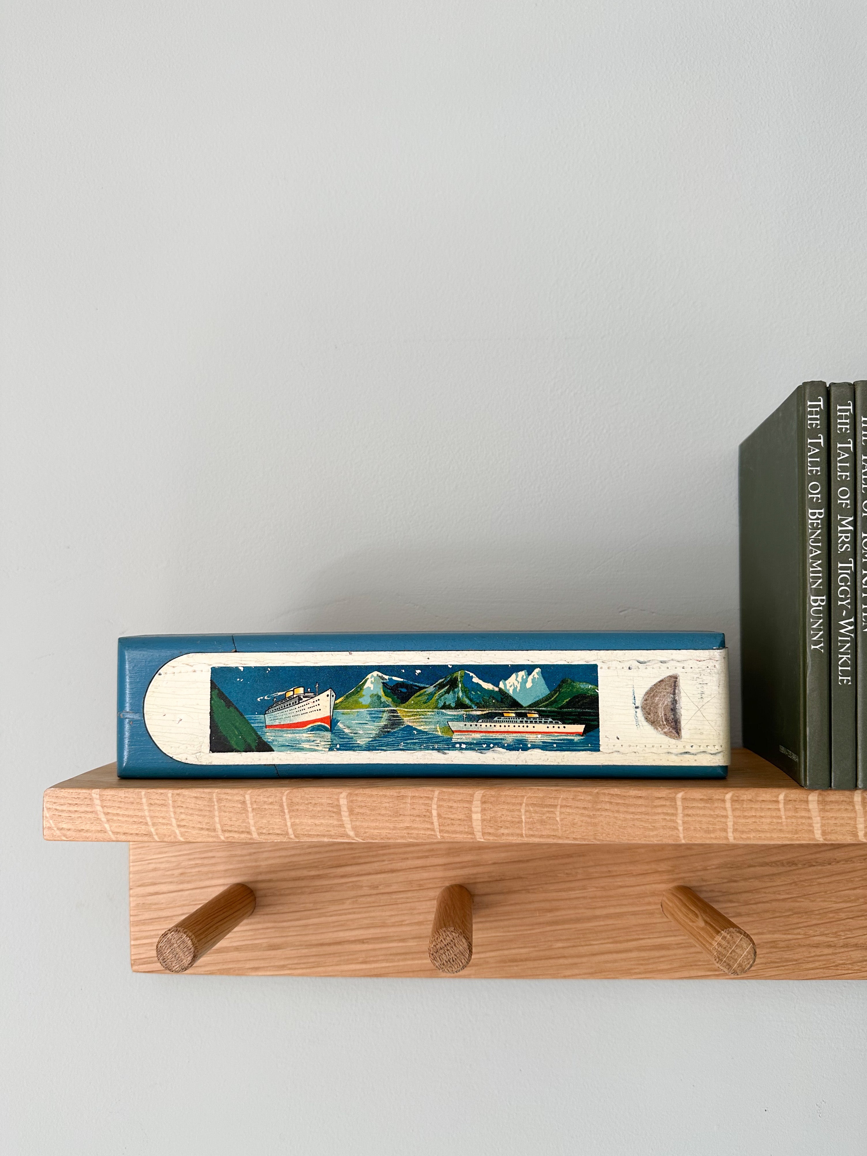 Vintage hand-painted wooden pencil box with steam liner ship motif - Moppet