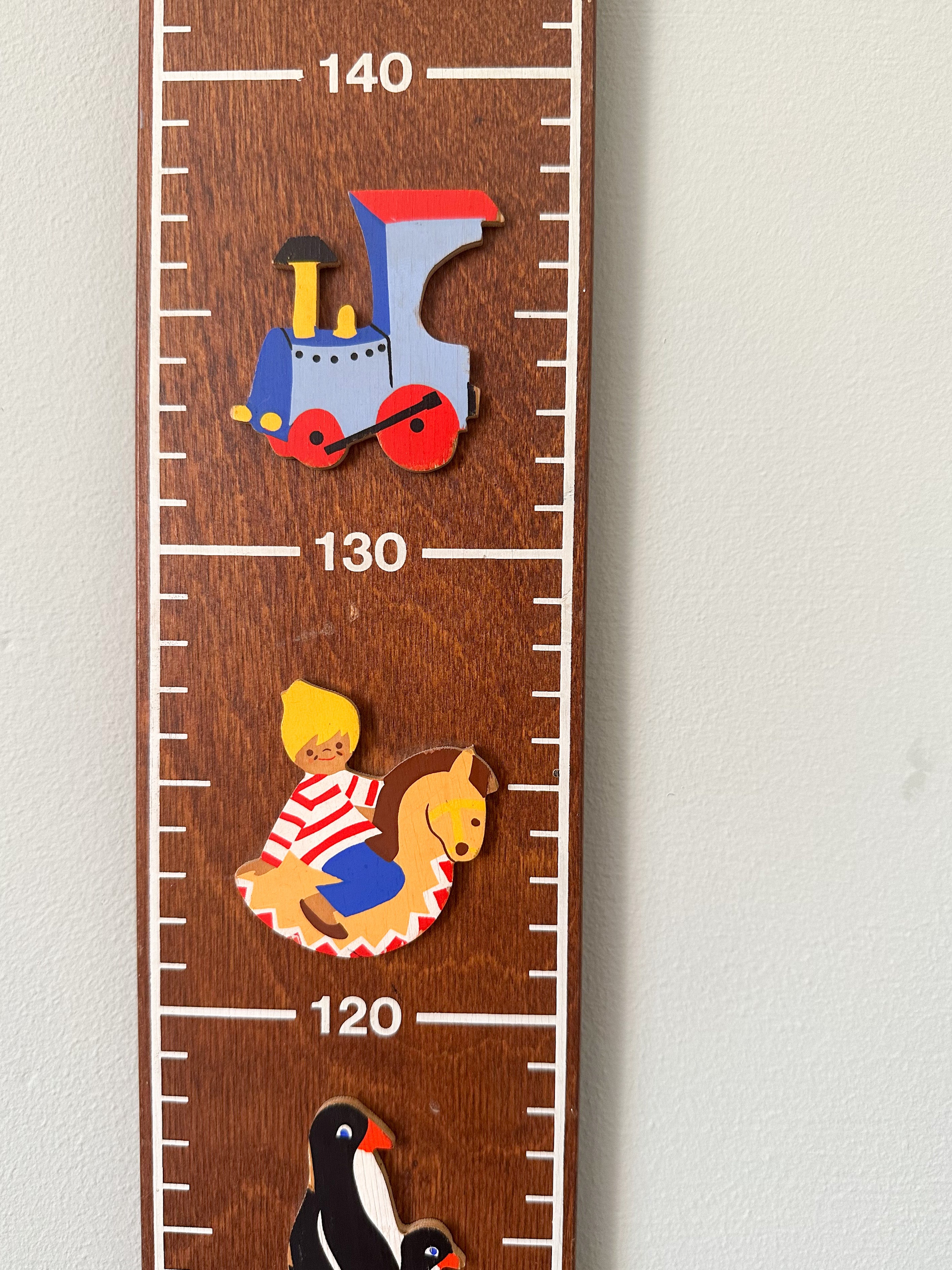 Vintage 1980s wooden German measuring stick or height chart,featuring a train, teddy bear and penguin, by Mertens Kunst - Moppet