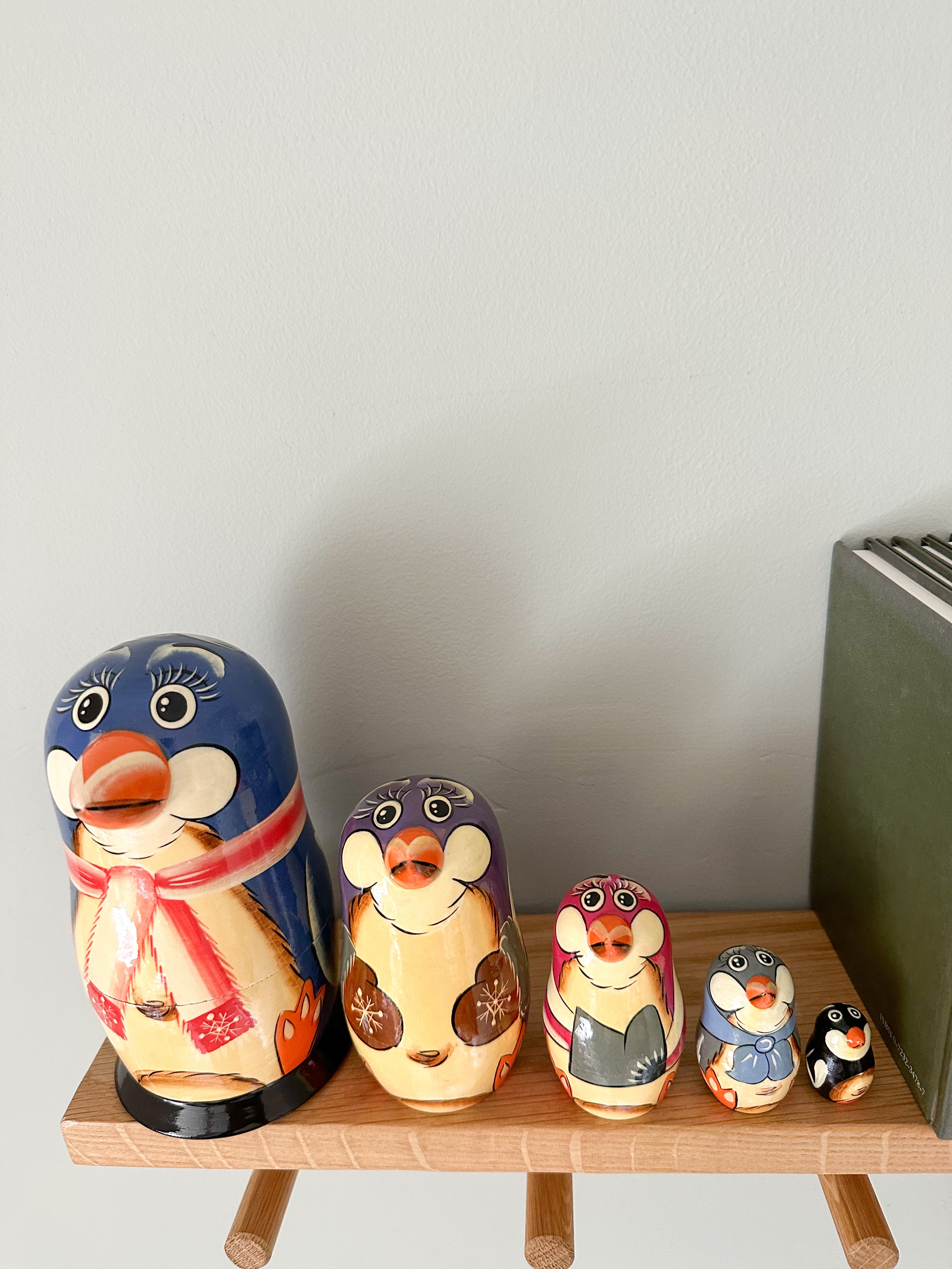 Vintage wooden nesting penguins Russian Matryoshka dolls - Moppet