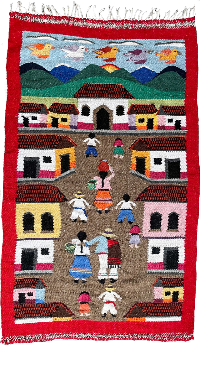 Vintage hand-woven Mexican folk art wool wall hanging or rug