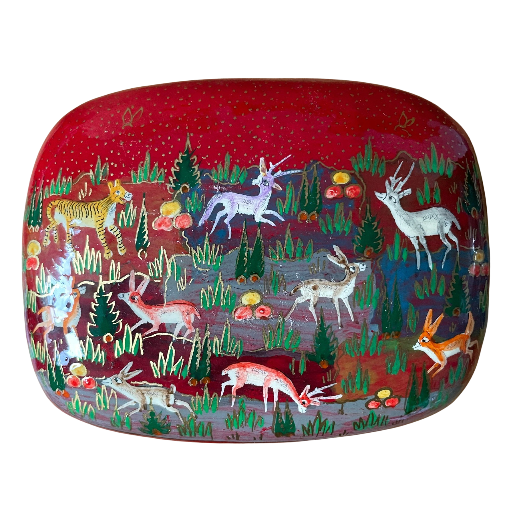 Kashmiri hand-painted folk art papier maché lacquered trinket box with jungle animals design | red - Moppet
