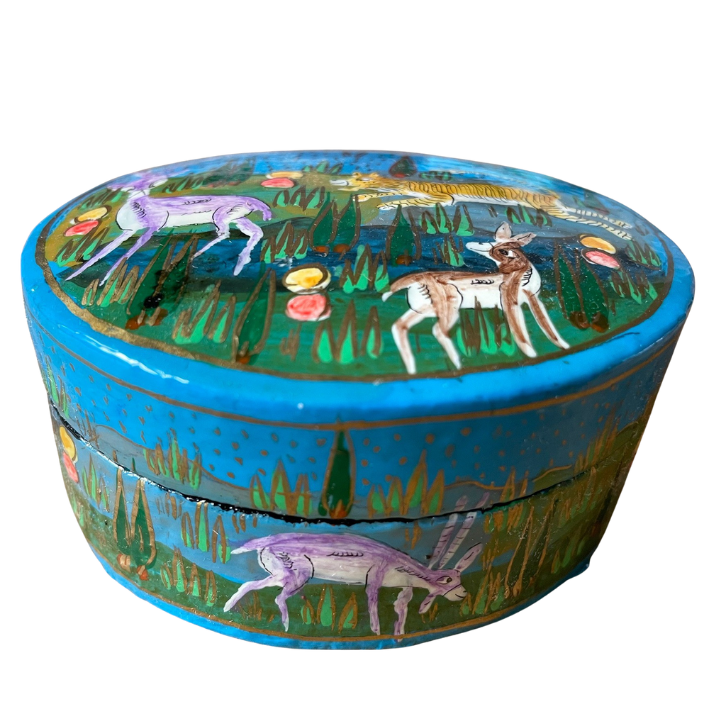 Kashmiri hand-painted folk art papier maché lacquered trinket box or pin box with jungle animals design - Moppet