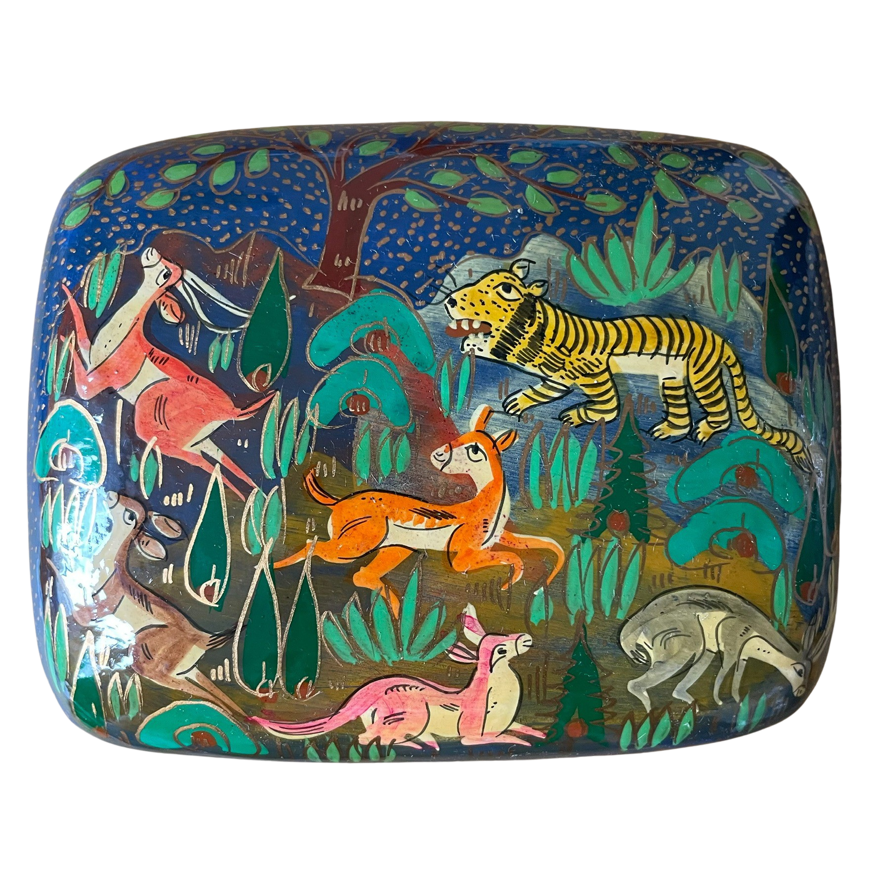 Kashmiri hand-painted folk art papier maché lacquered trinket box with jungle animals design | large animals - Moppet