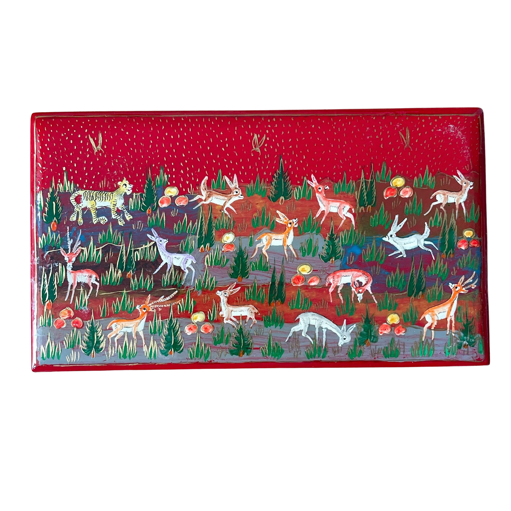 Kashmiri hand-painted folk art papier maché lacquered trinket box with jungle animals design | red - Moppet