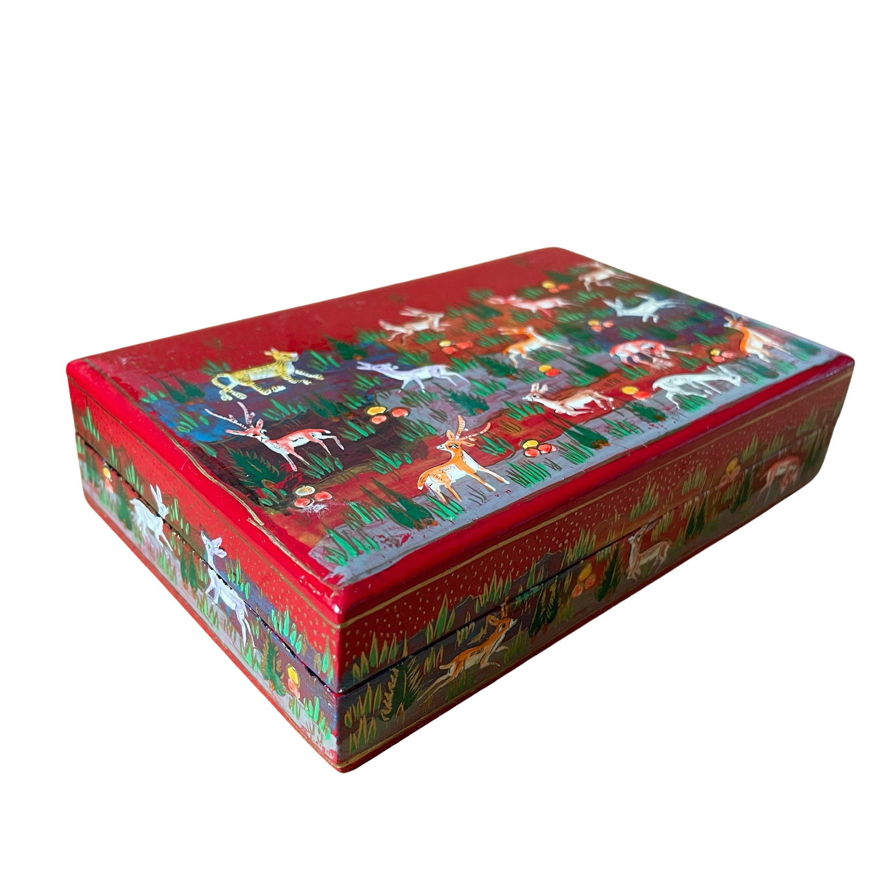 Kashmiri hand-painted folk art papier maché lacquered trinket box with jungle animals design | red - Moppet
