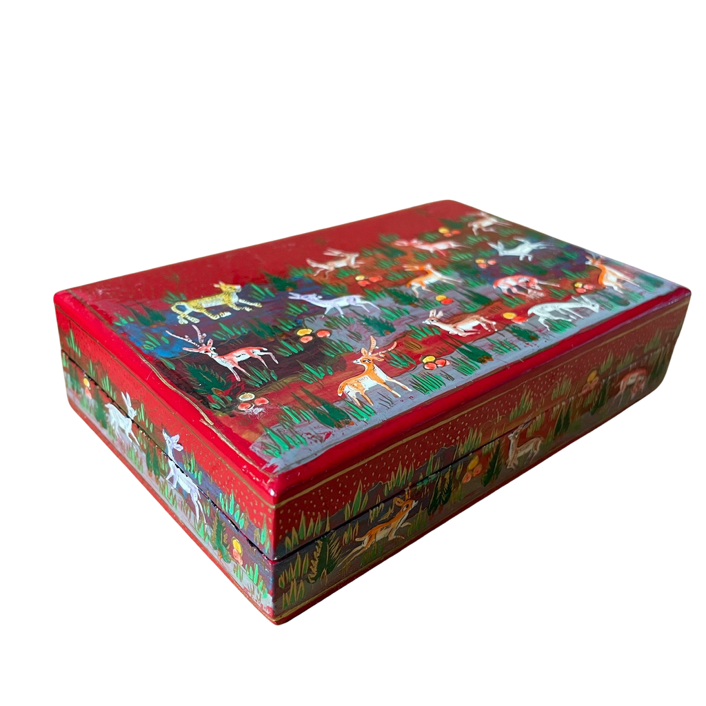 Kashmiri hand-painted folk art papier maché lacquered trinket box with jungle animals design | red - Moppet