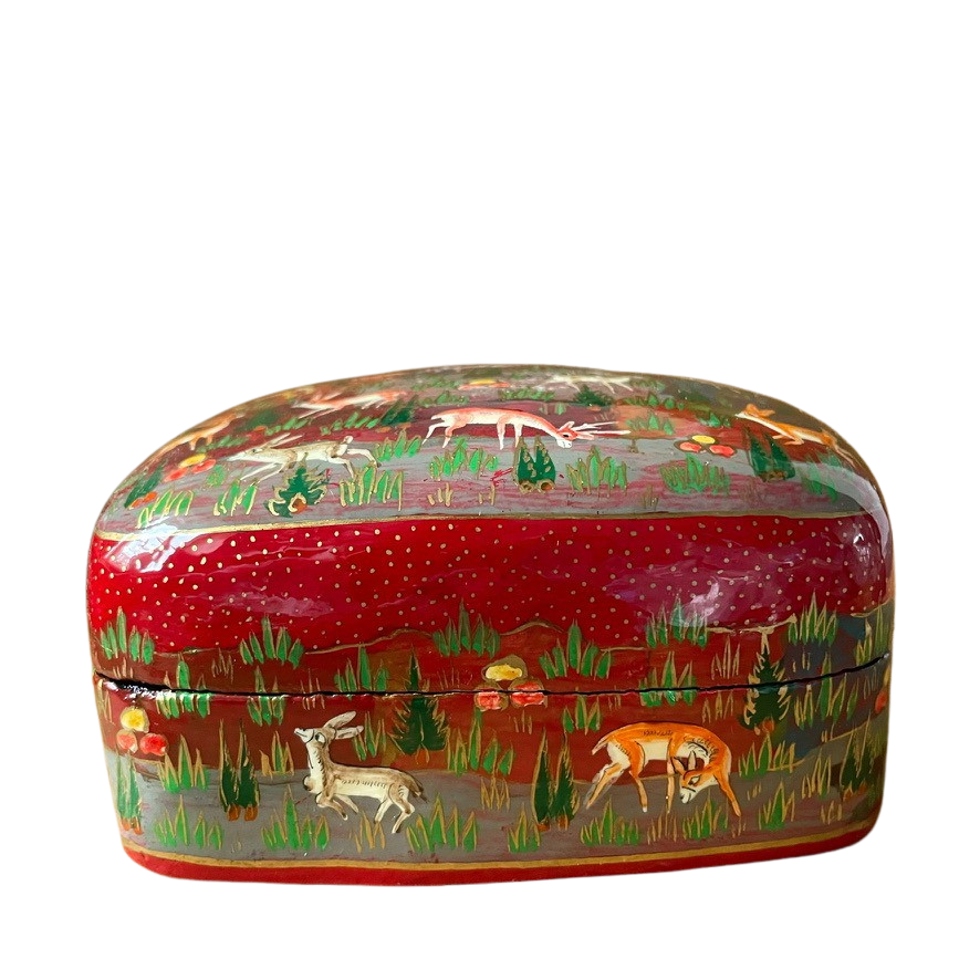 Kashmiri hand-painted folk art papier maché lacquered trinket box with jungle animals design | red - Moppet