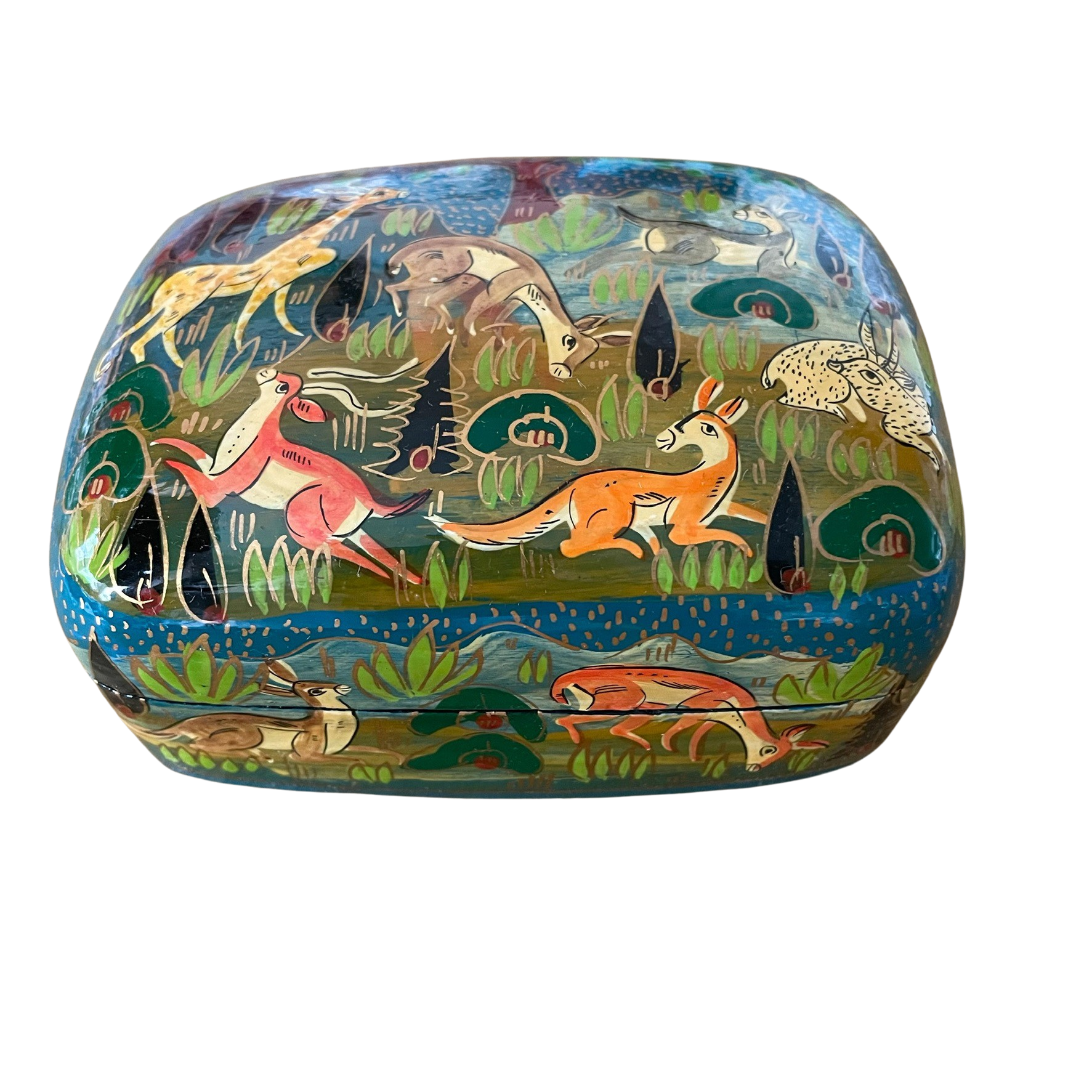 Kashmiri hand-painted folk art papier maché lacquered trinket box with jungle animals design | large animals - Moppet