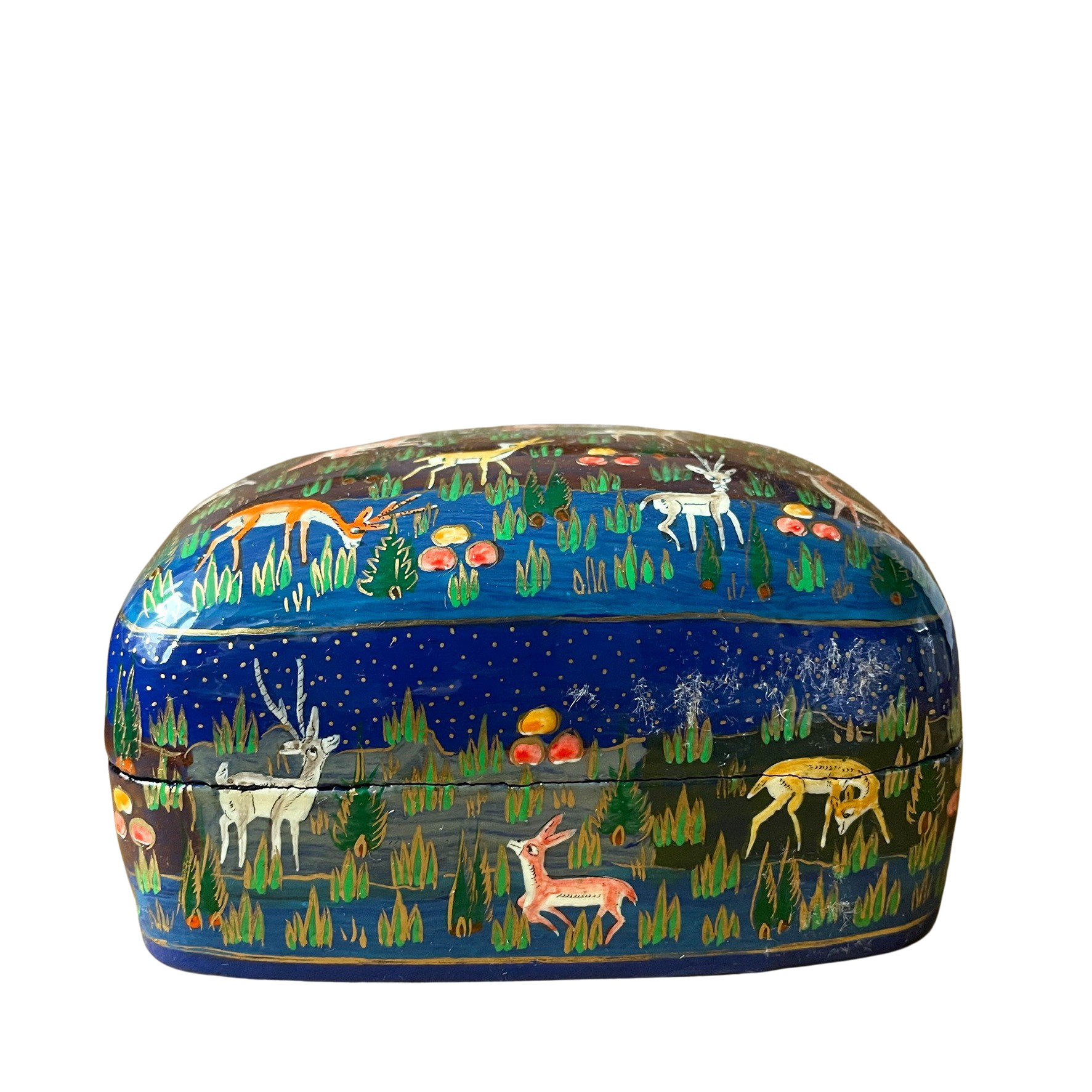 Kashmiri hand-painted folk art papier maché lacquered trinket box with jungle animals design | blue - Moppet