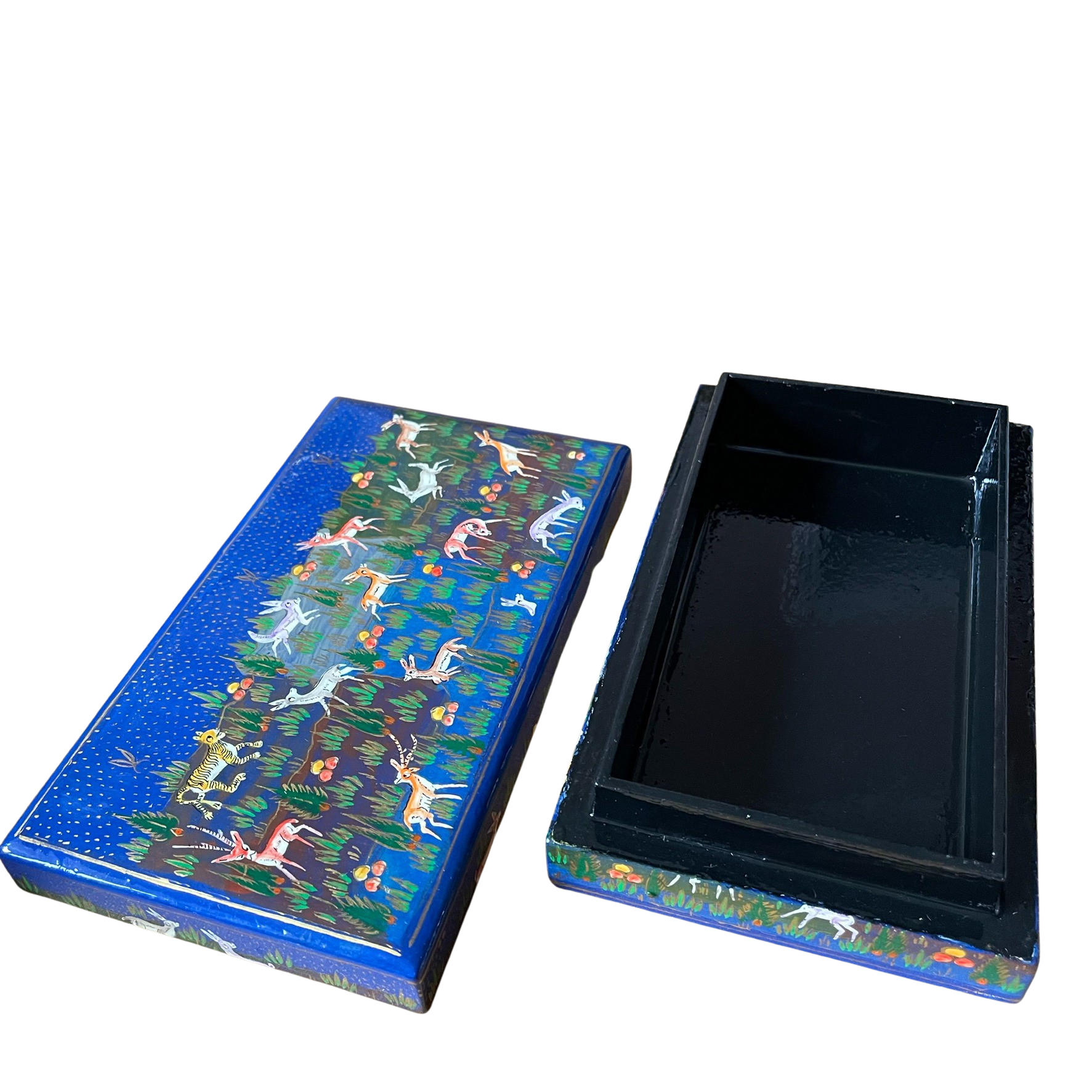 Kashmiri hand-painted folk art papier maché lacquered trinket box with jungle animals design | blue - Moppet