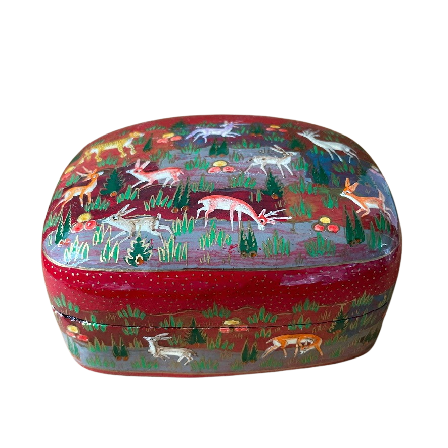 Kashmiri hand-painted folk art papier maché lacquered trinket box with jungle animals design | red - Moppet