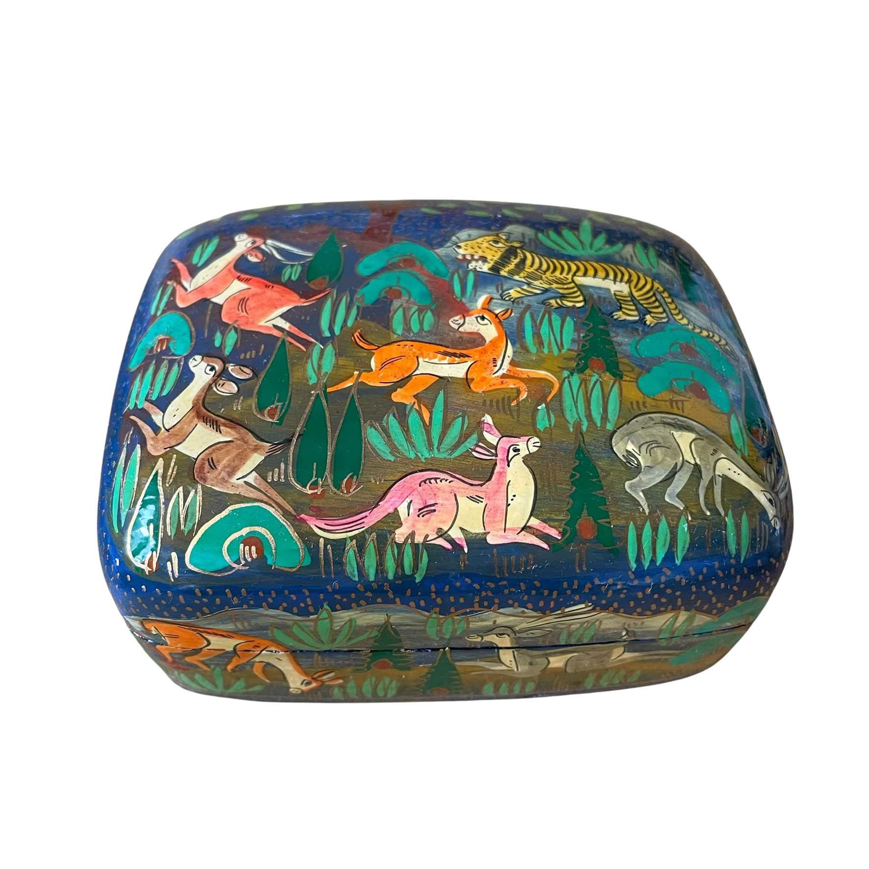 Kashmiri hand-painted folk art papier maché lacquered trinket box with jungle animals design | large animals - Moppet
