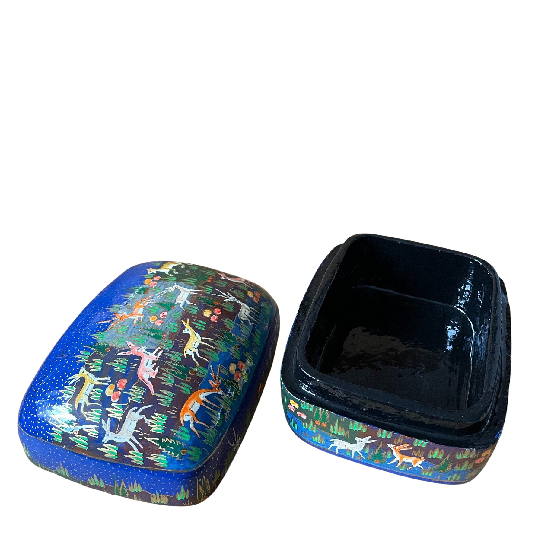 Kashmiri hand-painted folk art papier maché lacquered trinket box with jungle animals design | blue - Moppet