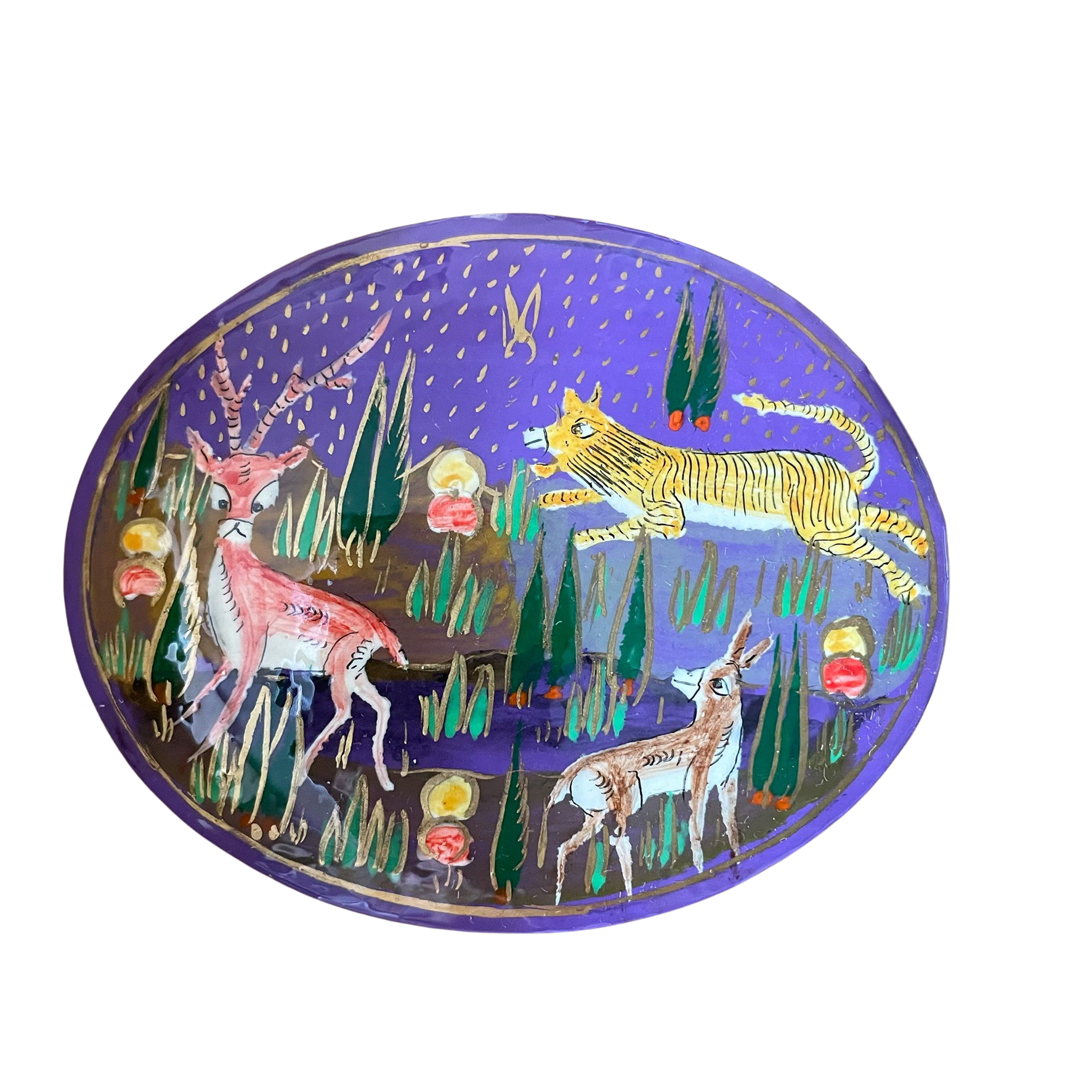 Kashmiri hand-painted folk art papier maché lacquered trinket box or pin box with jungle animals design - Moppet