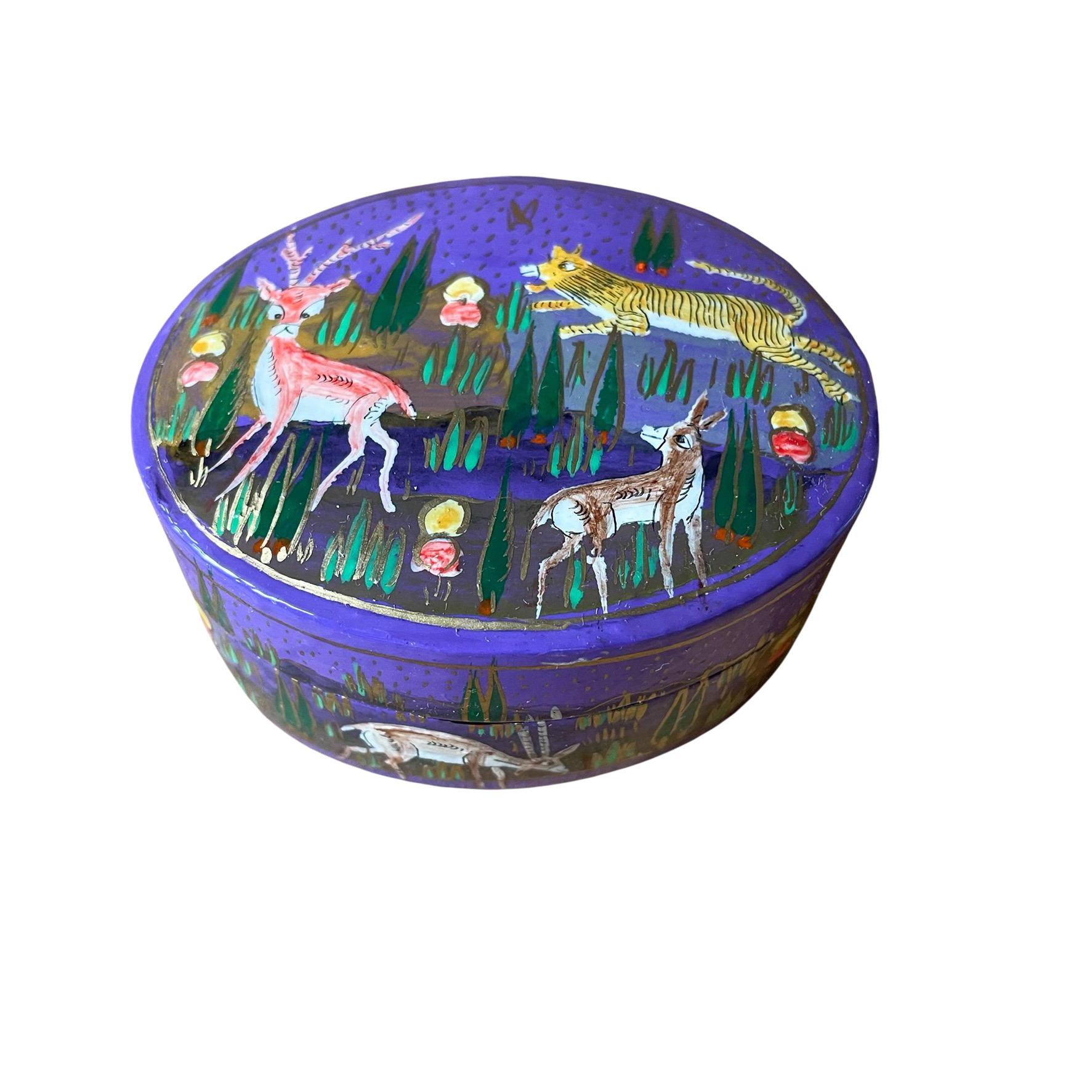 Kashmiri hand-painted folk art papier maché lacquered trinket box or pin box with jungle animals design - Moppet