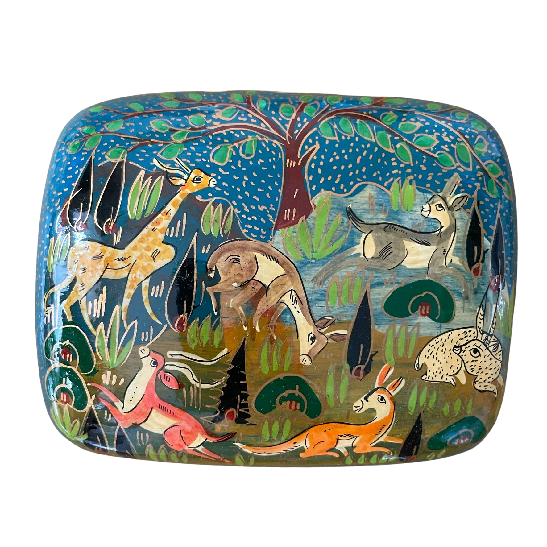 Kashmiri hand-painted folk art papier maché lacquered trinket box with jungle animals design | large animals - Moppet