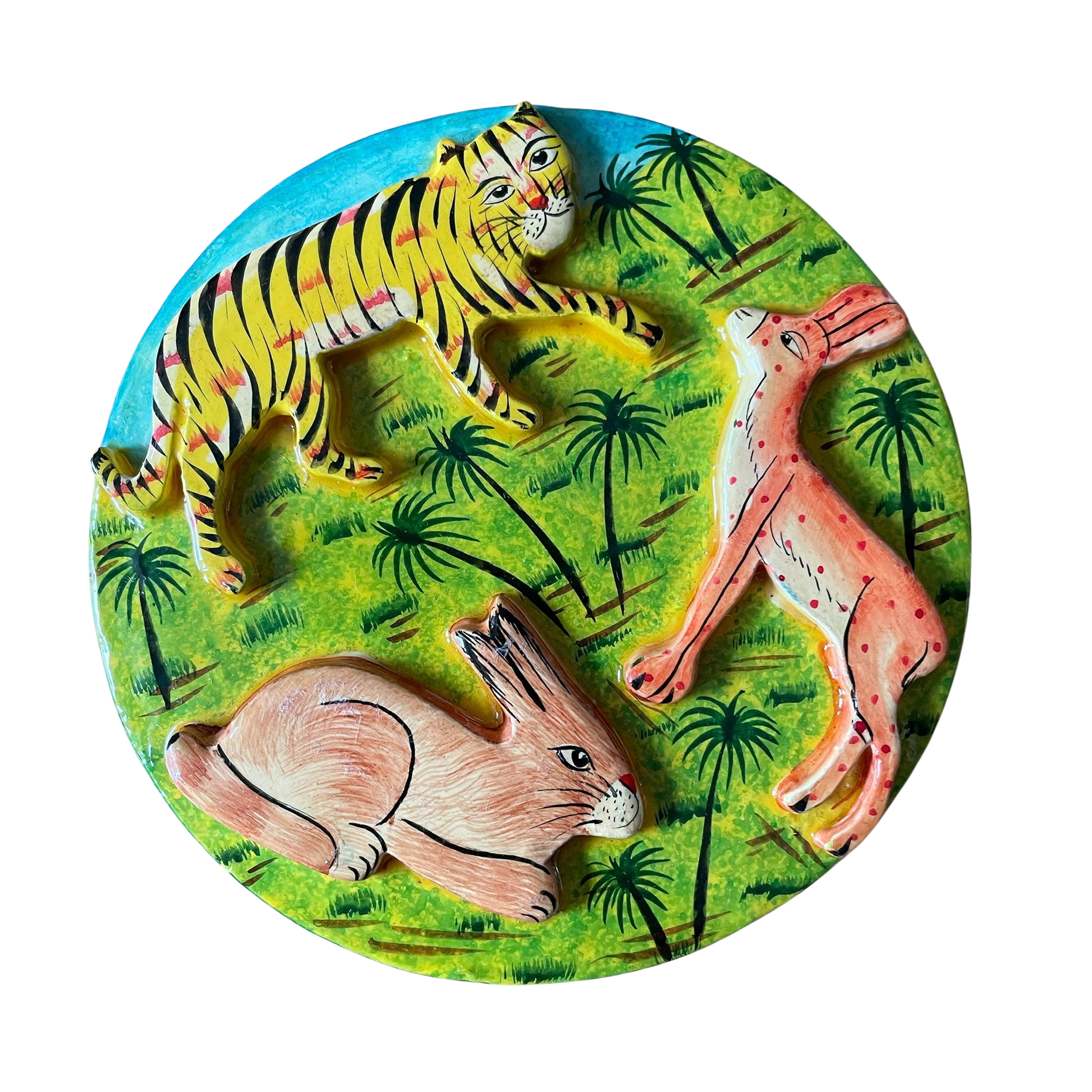 Kashmiri hand-painted folk art embossed papier maché lacquered trinket box with jungle animals design - Moppet