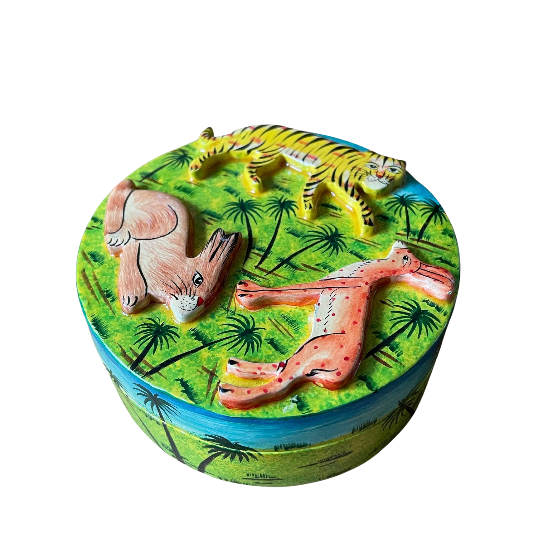 Kashmiri hand-painted folk art embossed papier maché lacquered trinket box with jungle animals design - Moppet