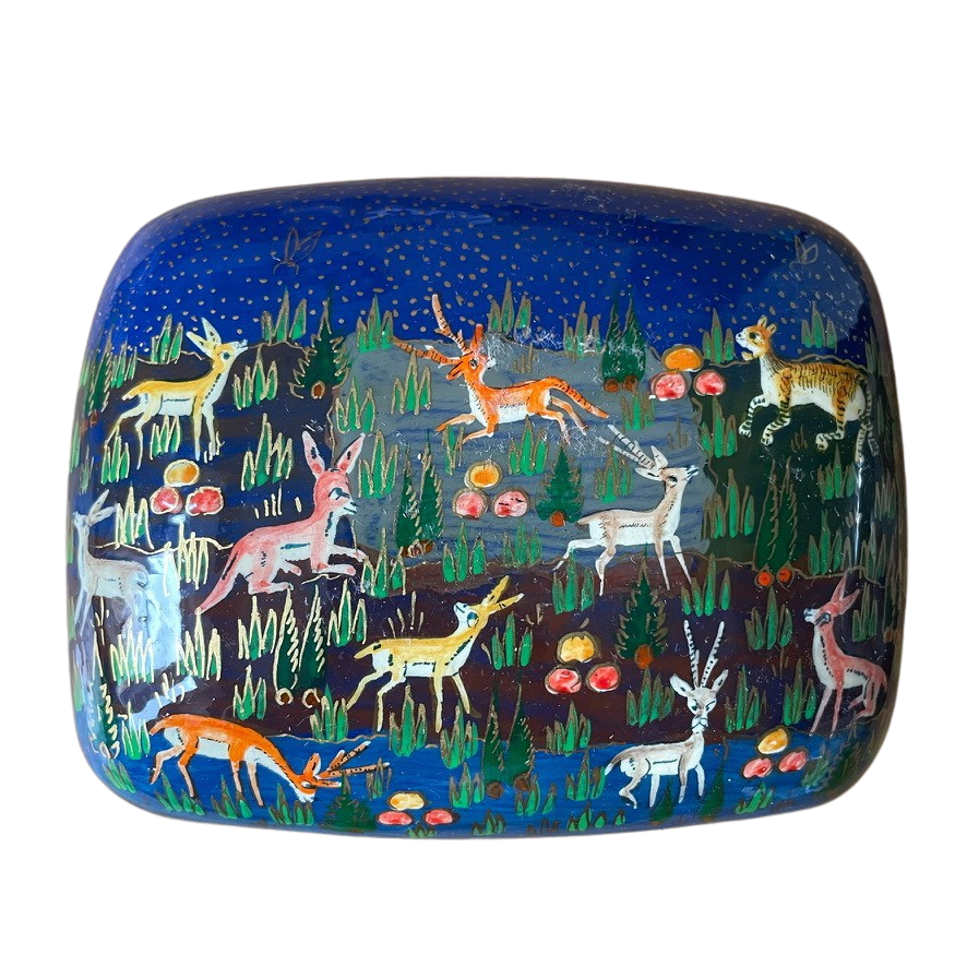Kashmiri hand-painted folk art papier maché lacquered trinket box with jungle animals design | blue - Moppet