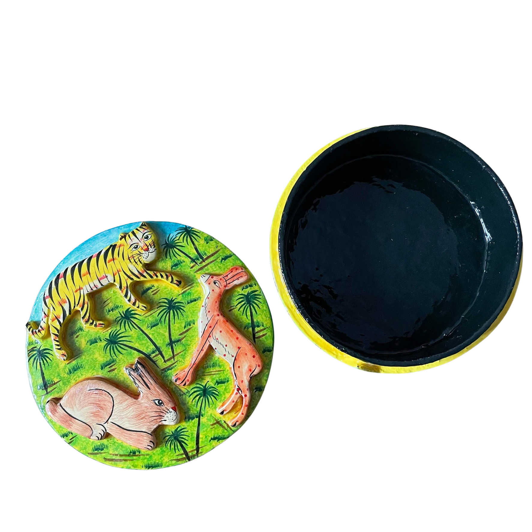 Kashmiri hand-painted folk art embossed papier maché lacquered trinket box with jungle animals design - Moppet