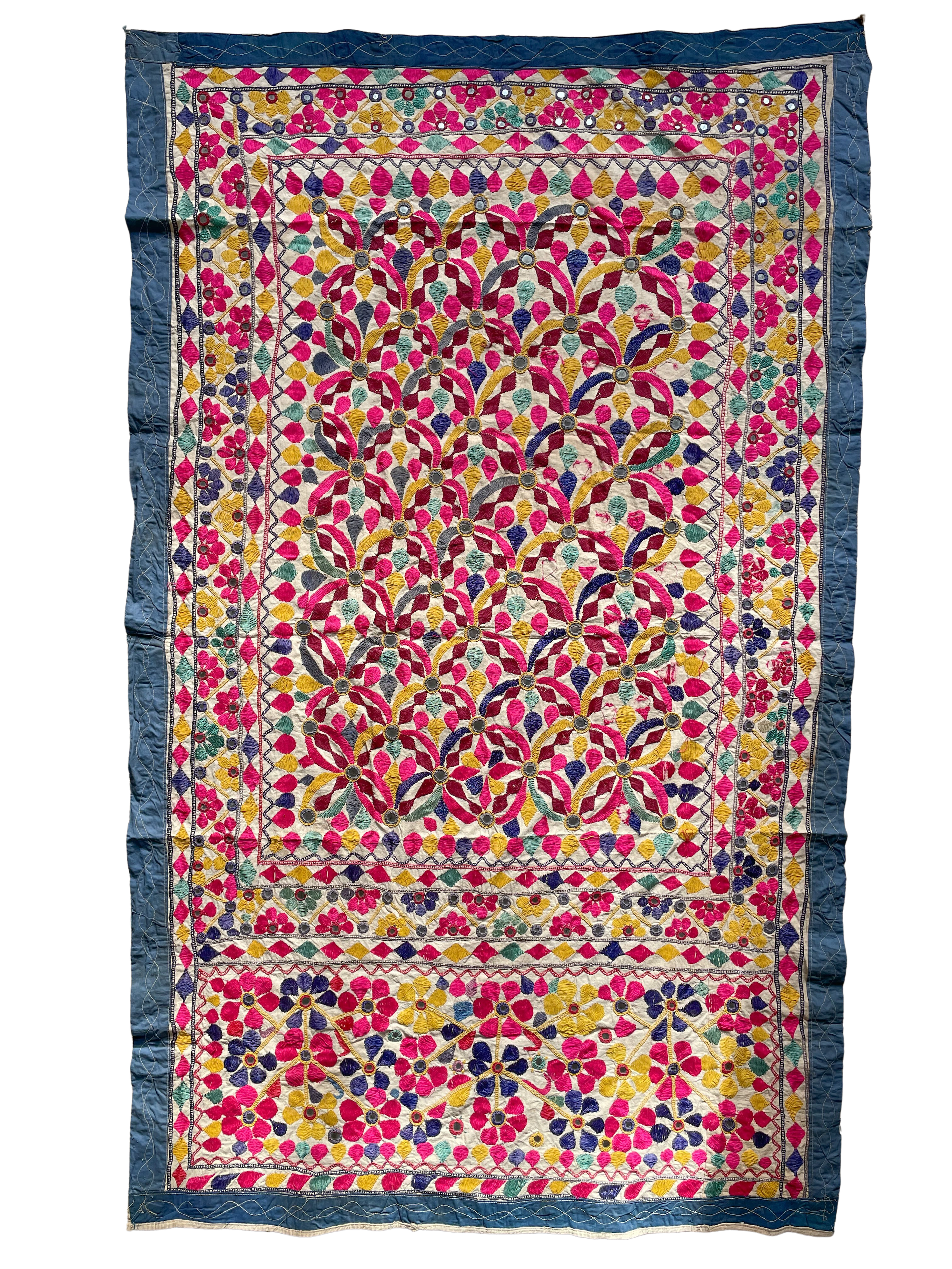 Vintage handmade Indian folk art embroidered cotton wall hanging or throw - Moppet