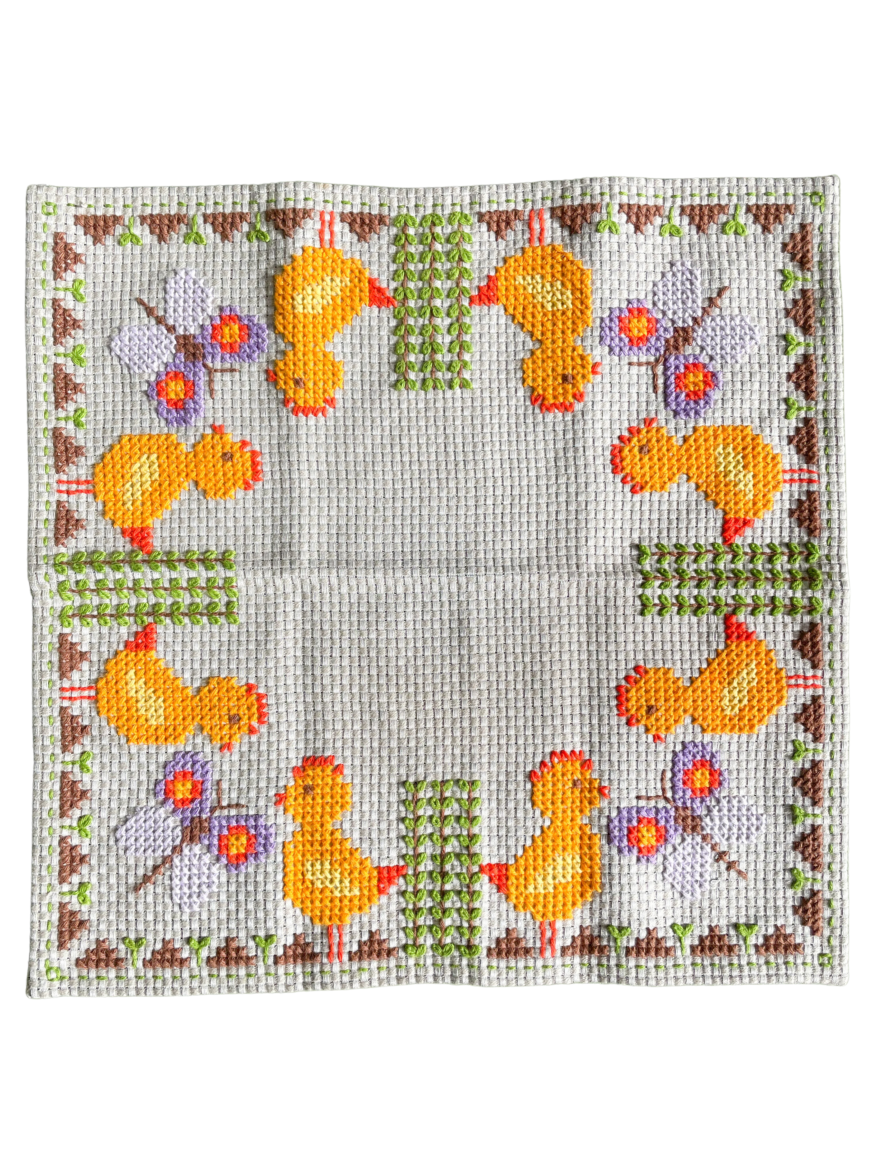 Vintage midcentury hand-embroidered Easter table cloth or runner featuring chicks.chickens and butterflies in yellow, green and lilac - Moppet