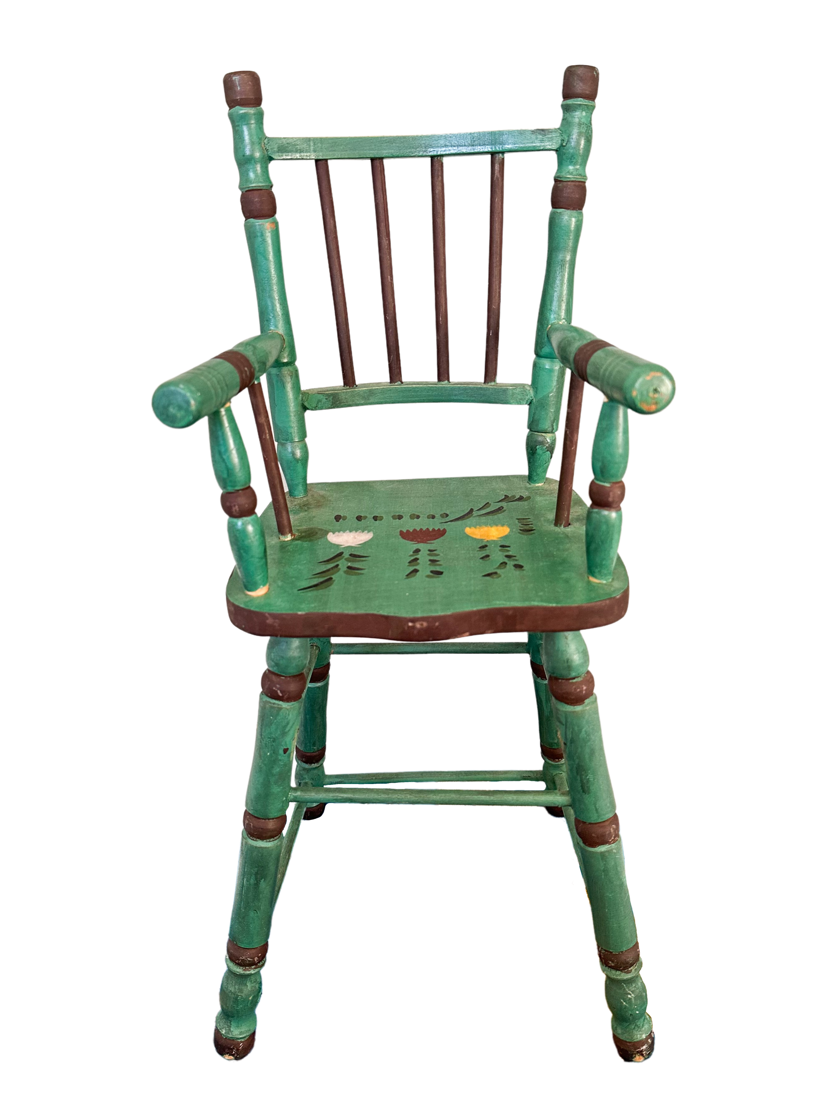Vintage wooden folk art hand-painted doll’s highchair with floral tulip design - Moppet