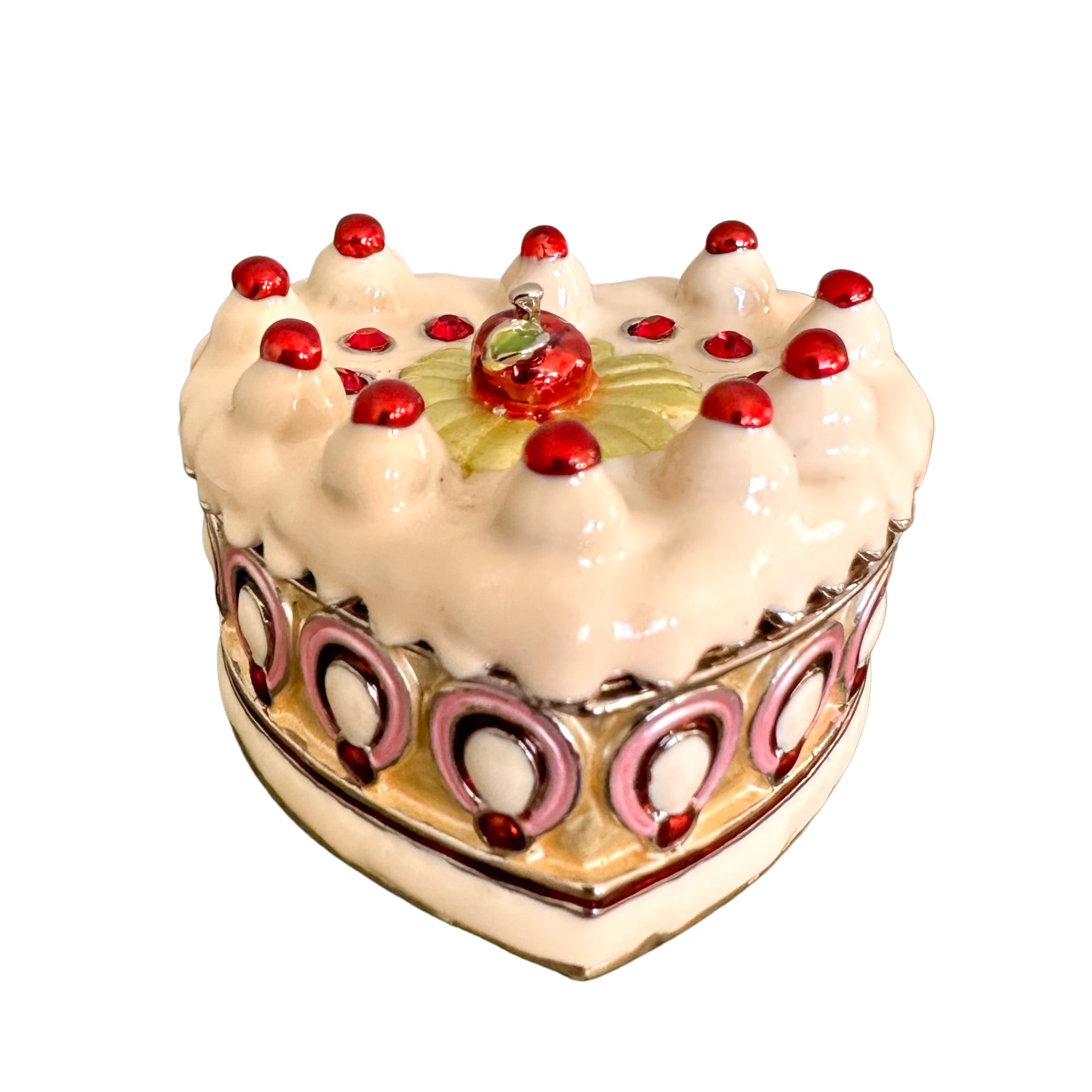 Vintage heart-shaped birthday cake lidded trinket box made of metal and enamel - Moppet