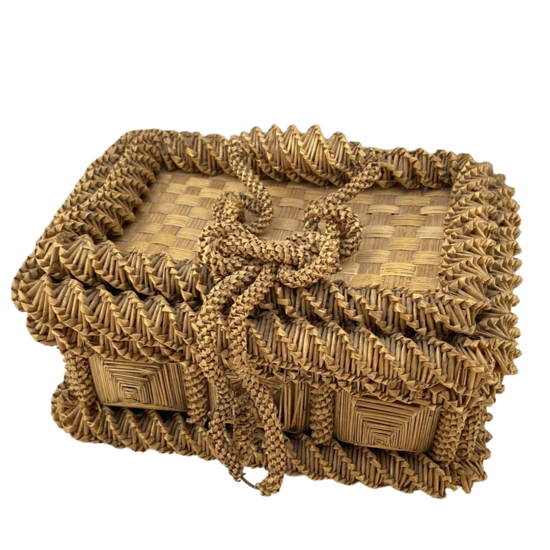 Antique Victorian straw-work jewellery/sewing box with green chartreuse satin lining - Moppet