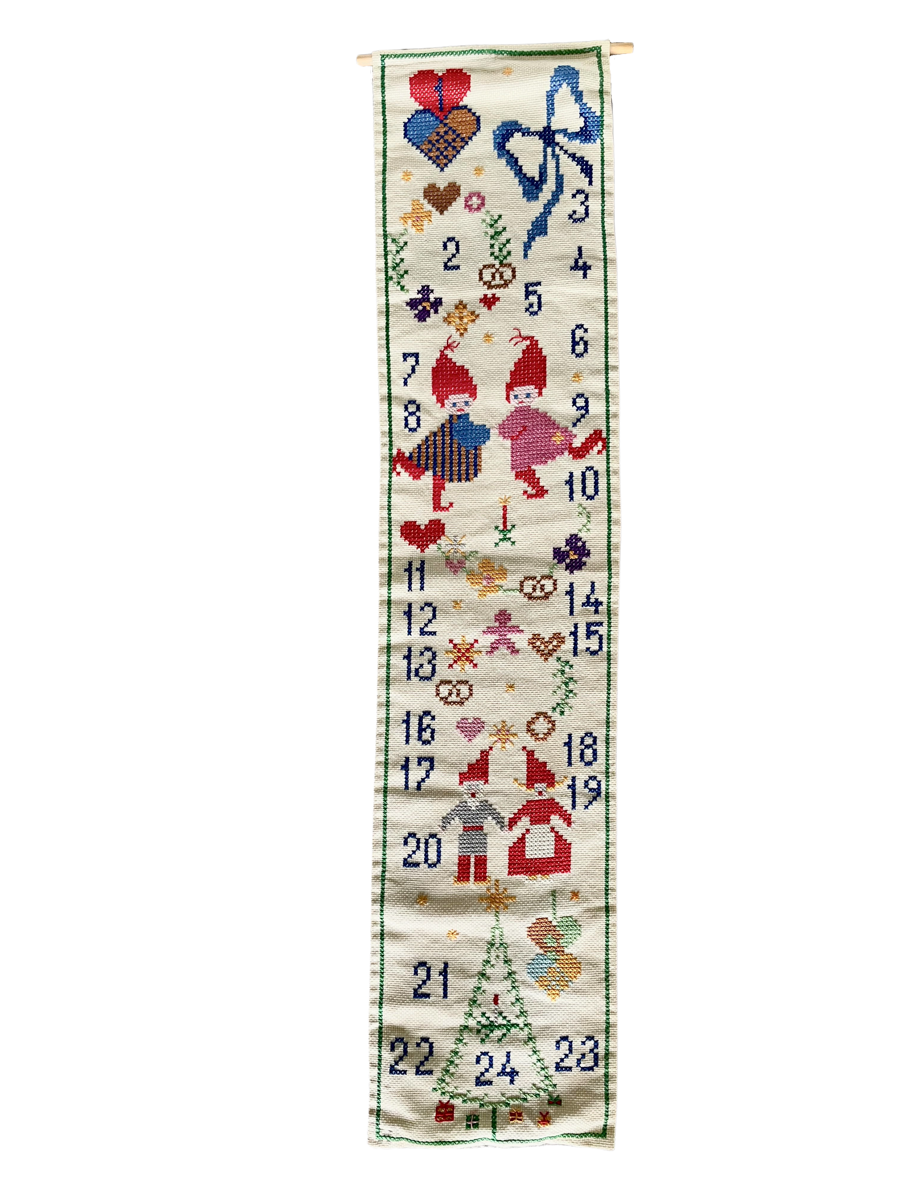 Vintage midcentury Swedish embroidered needlepoint wall-hanging Advent calendar - Moppet