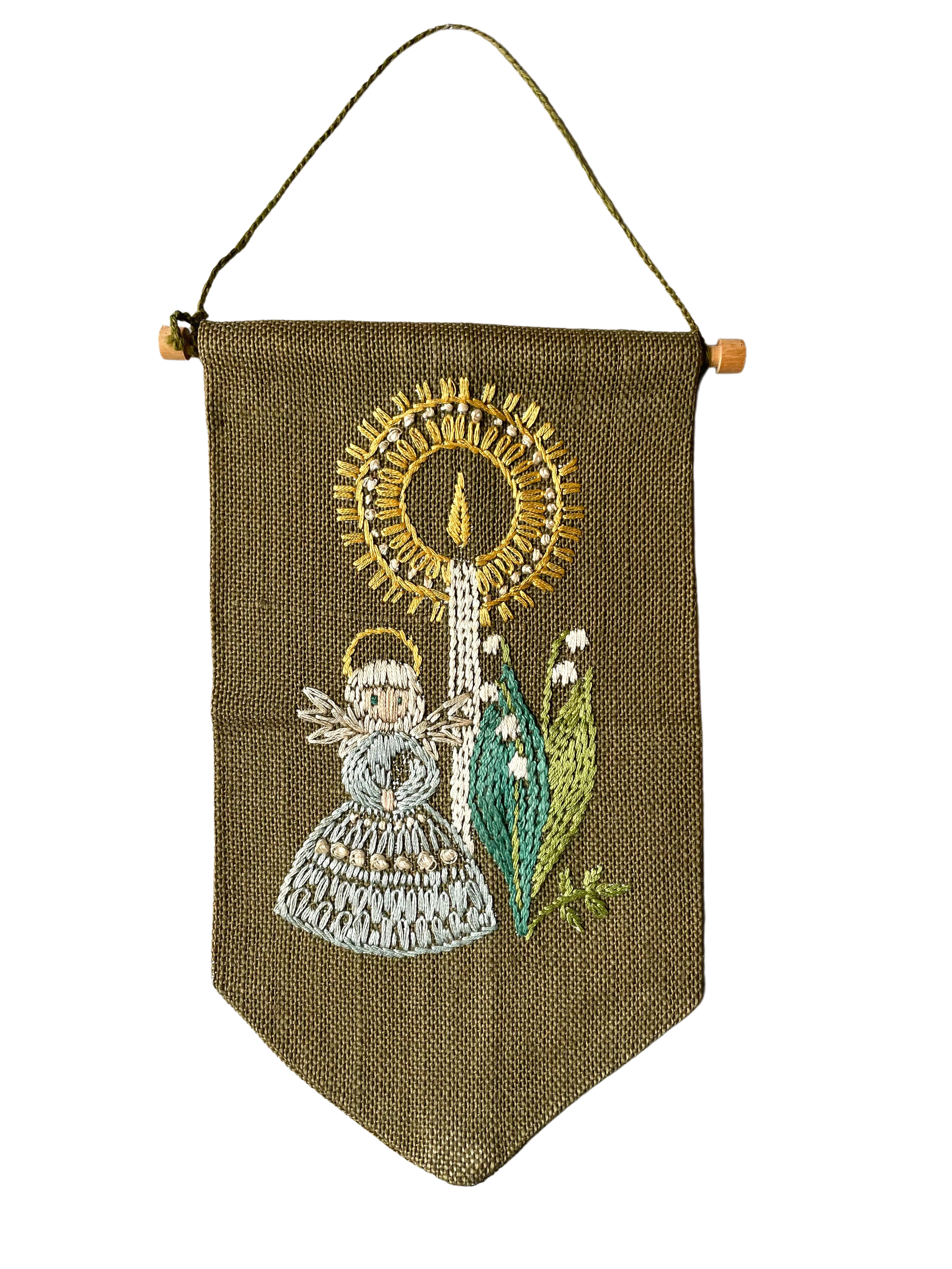 Vintage 1960s Swedish handmade embroidered Christmas wall hanging featuring an angel and a candle - Moppet