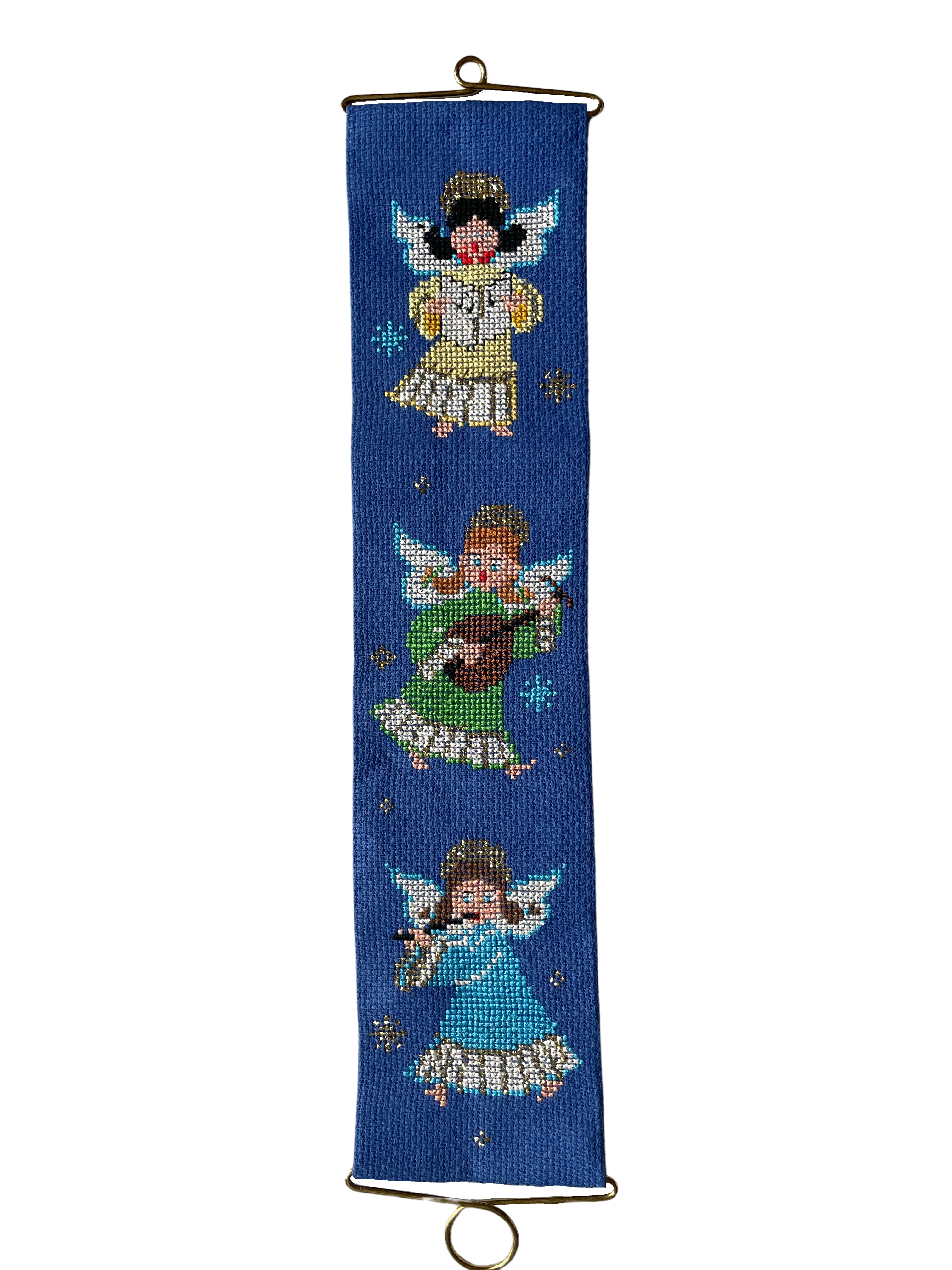 Vintage 1960s Danish handmade embroidered Christmas wall hanging featuring three angles in green, yellow, pink and blue on a blue background - Moppet