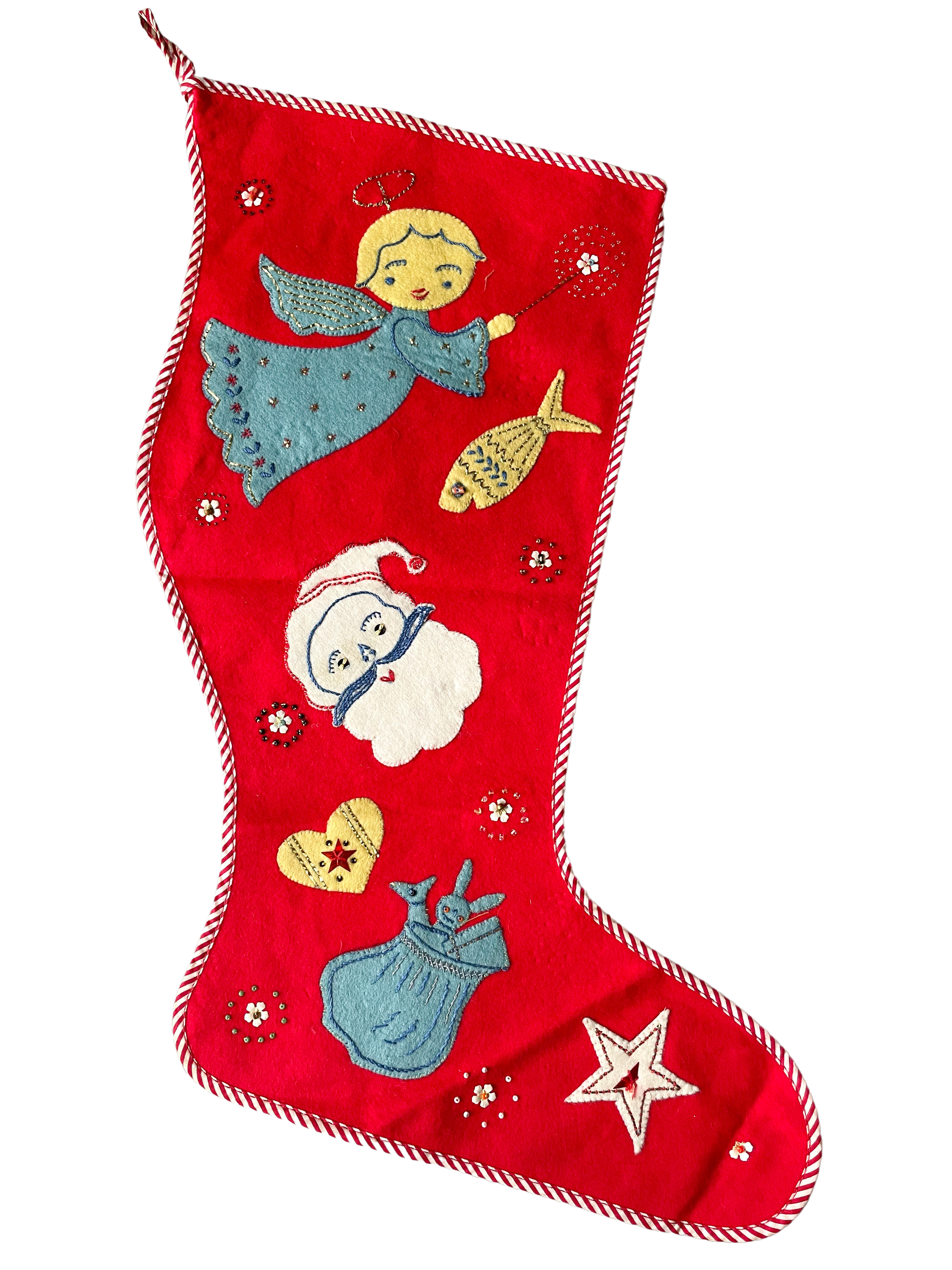Vintage 1960s Danish handmade embroidered Christmas stocking or wall hanging - Moppet