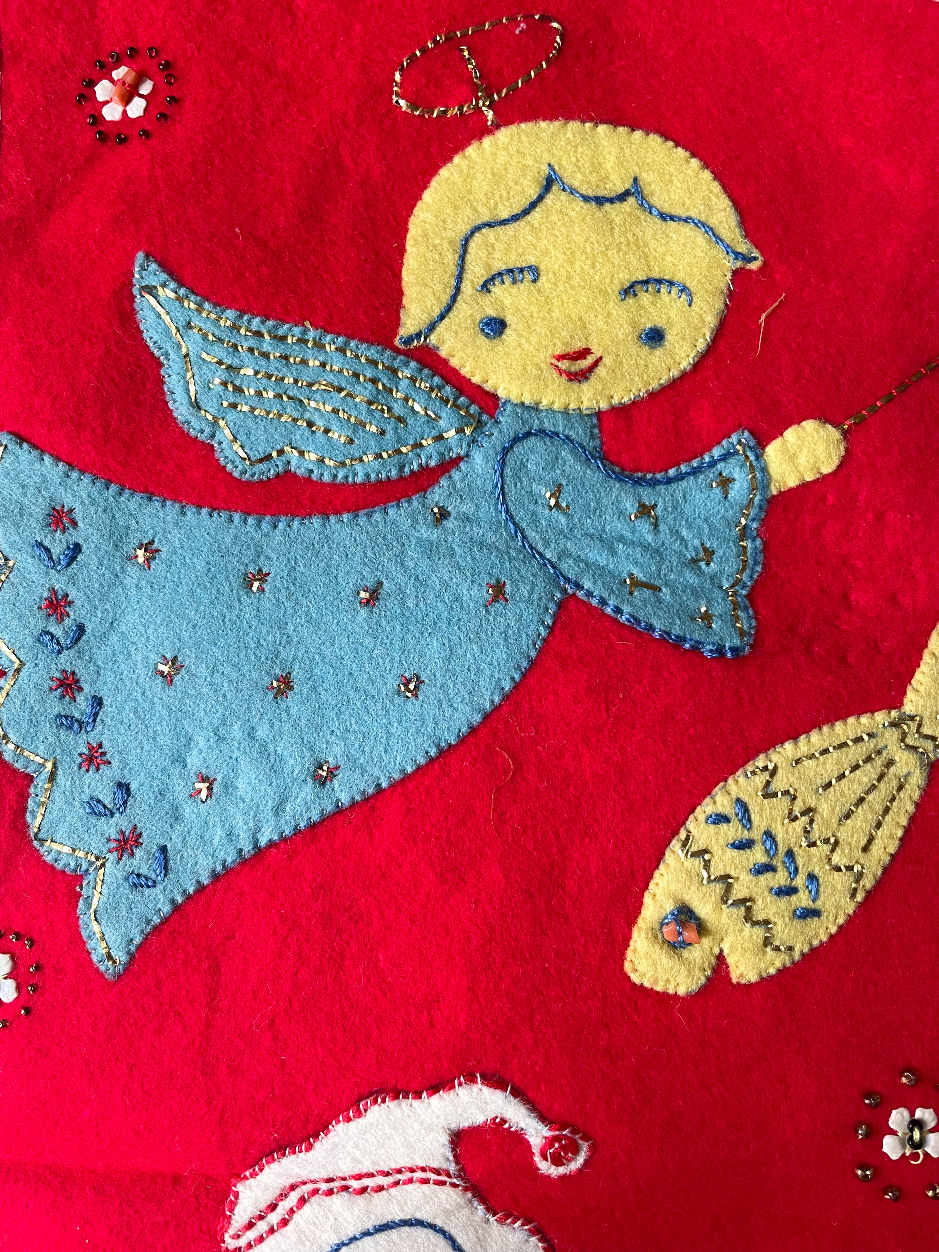Vintage 1960s Danish handmade embroidered Christmas stocking or wall hanging - Moppet