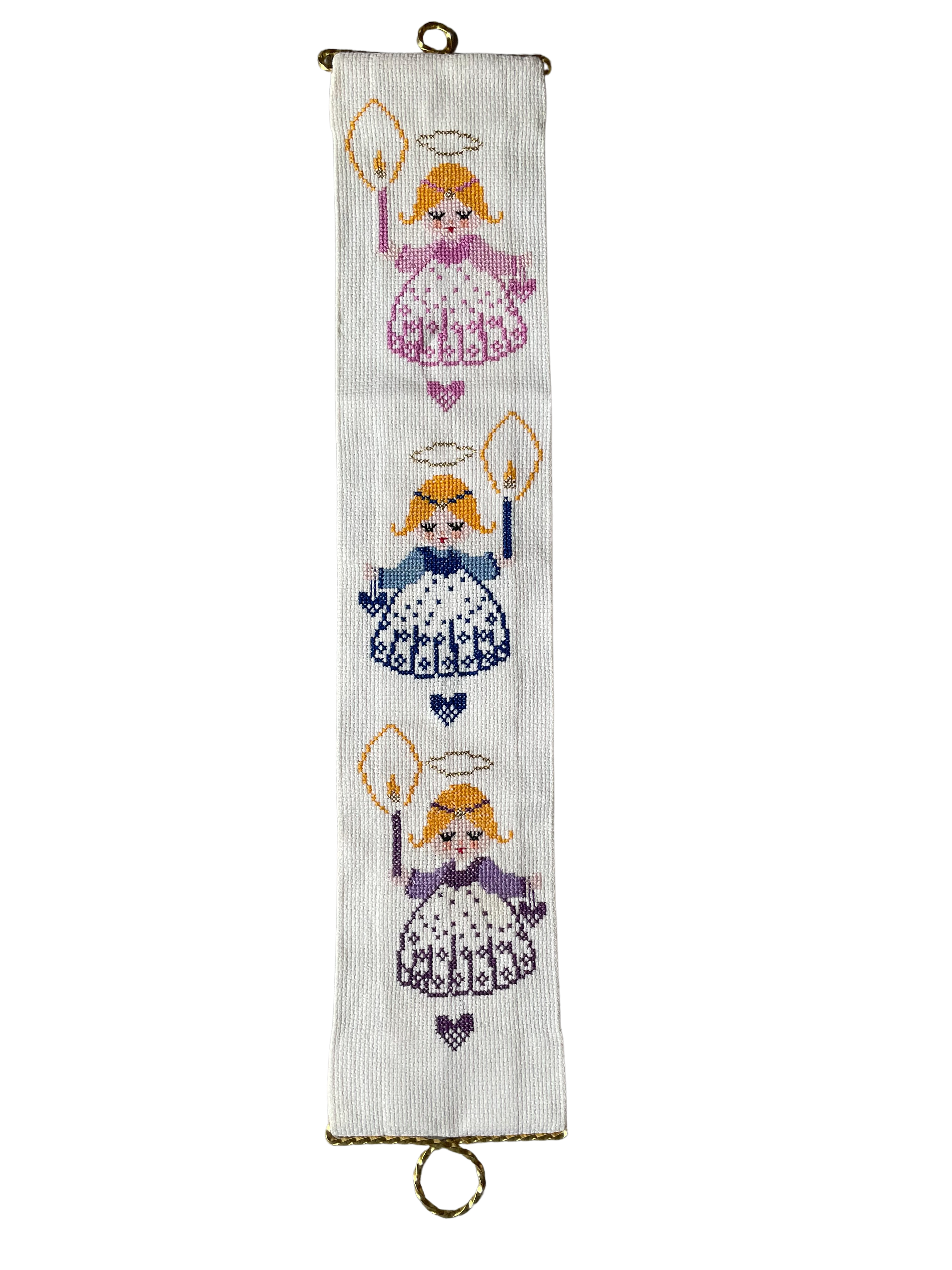 Vintage 1960s Danish handmade embroidered Christmas wall hanging featuring three angels in pink, blue and lilac - Moppet