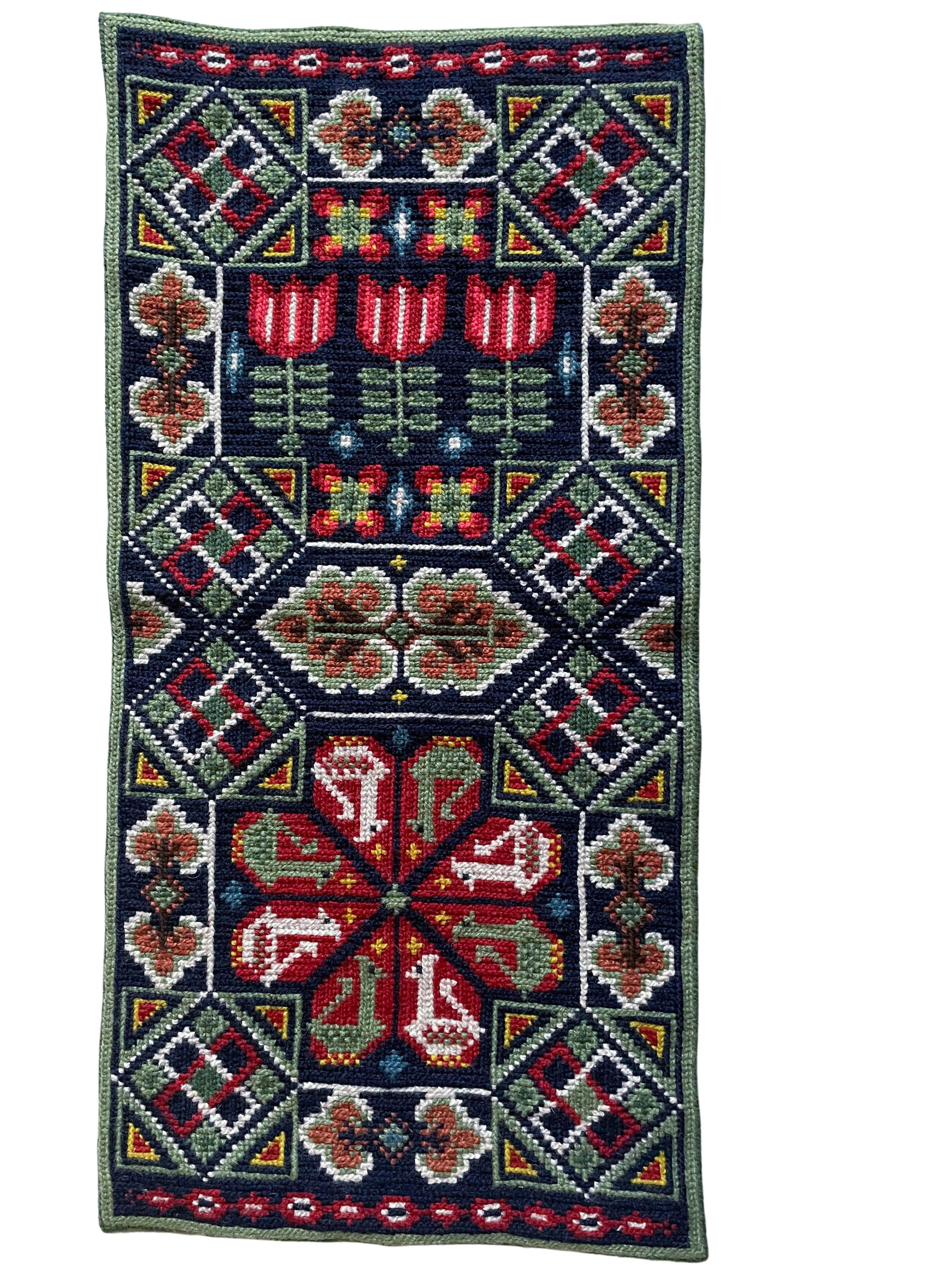 Vintage mid-century Swedish wall-hanging tapestry in tulips and geese design, hand woven Flemish weave twist stitch - Moppet
