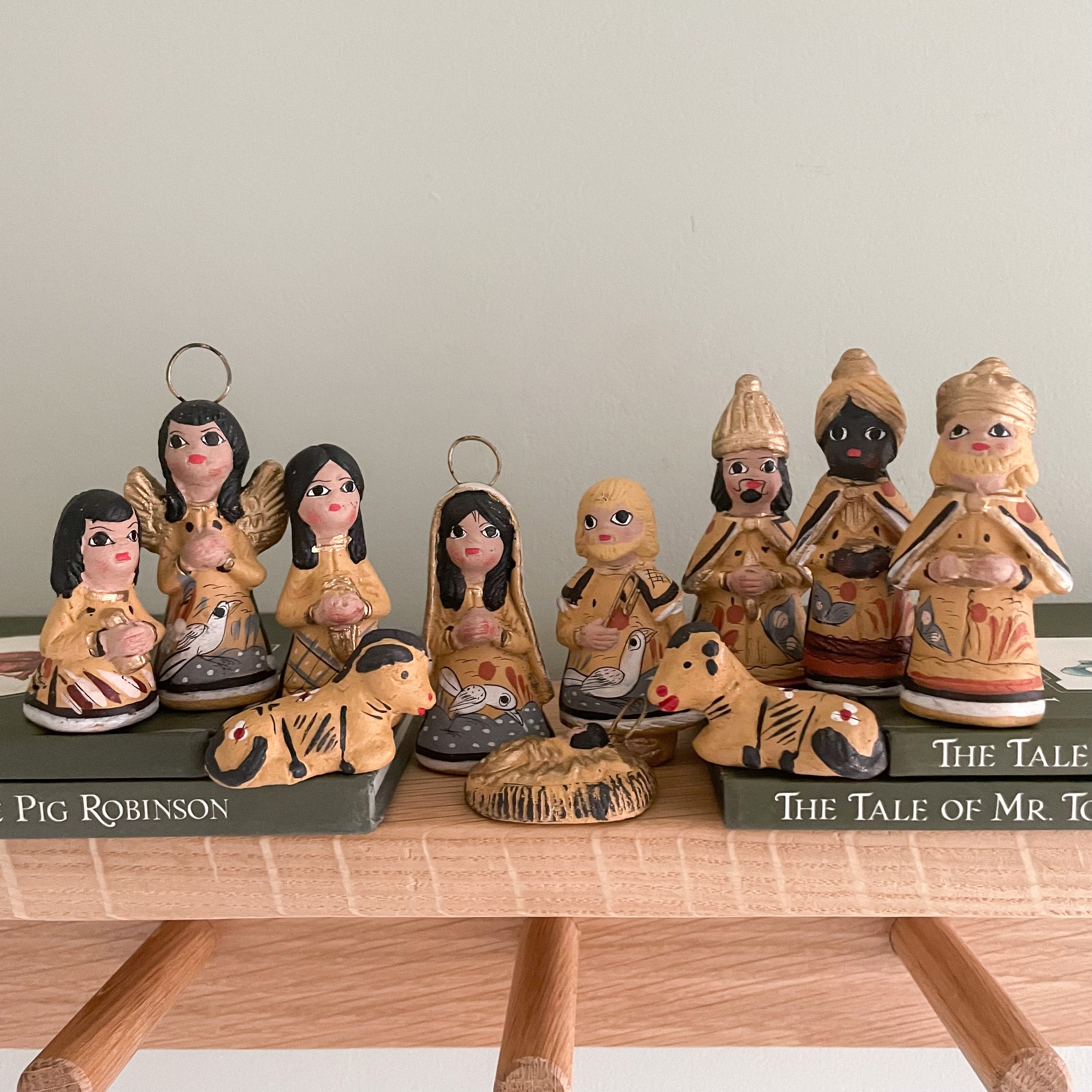 Vintage Mexican Tonala handmade folk art ceramic pottery Christmas nativity set - Moppet