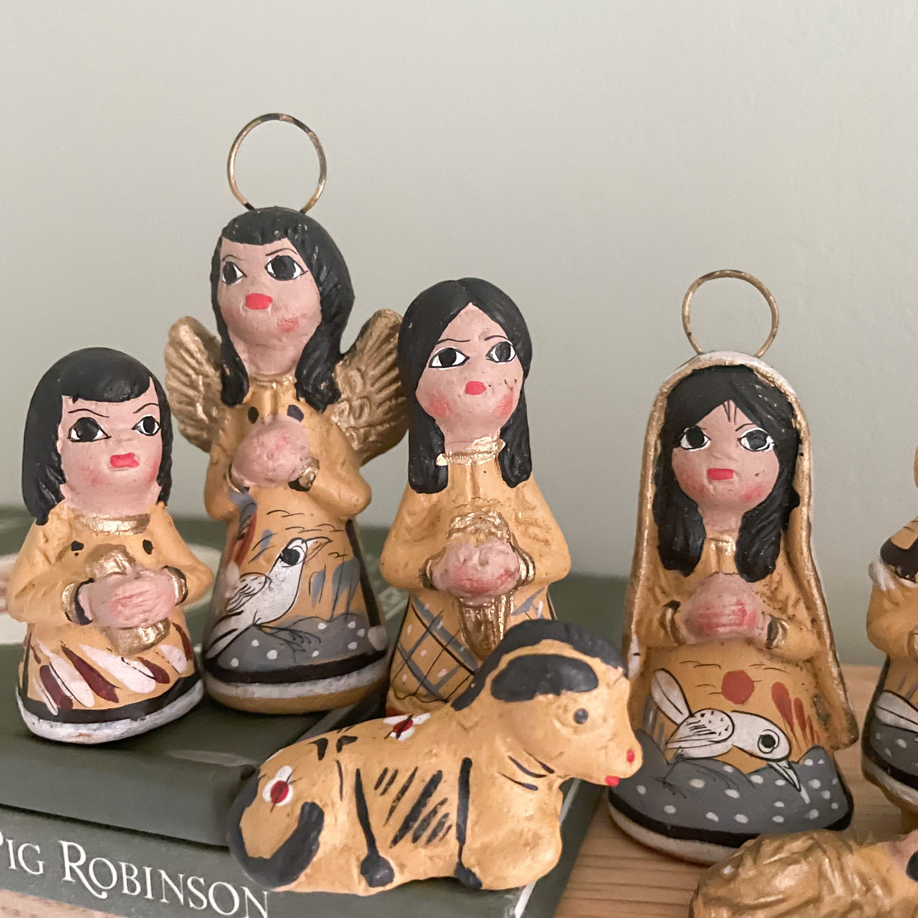 Vintage Mexican Tonala handmade folk art ceramic pottery Christmas nativity set - Moppet